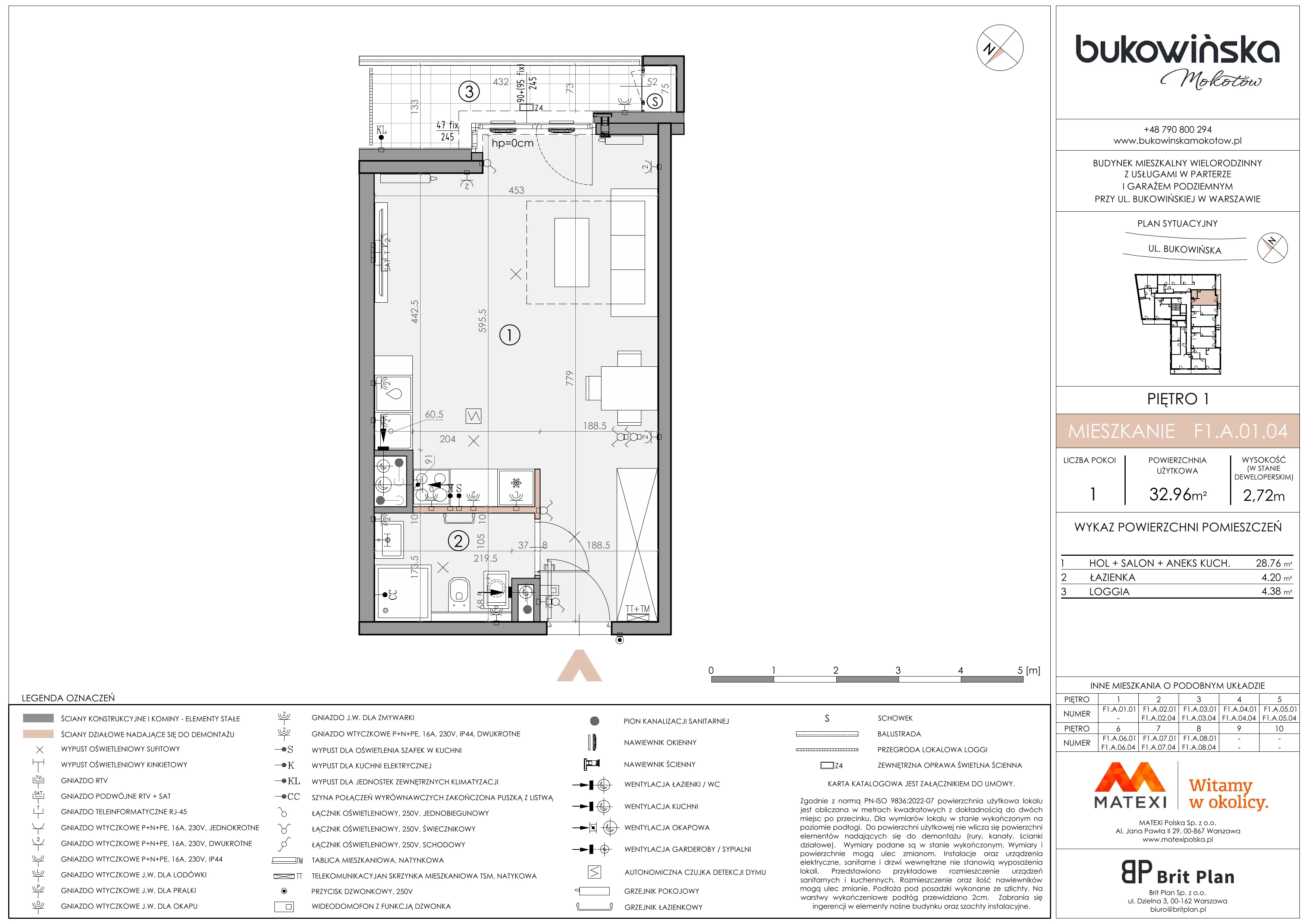 1 pokój, mieszkanie 32,96 m², piętro 1, oferta nr 11/BM-F1.A.01.04, Bukowińska Mokotów, Warszawa, Mokotów, Ksawerów, ul. Bukowińska 11