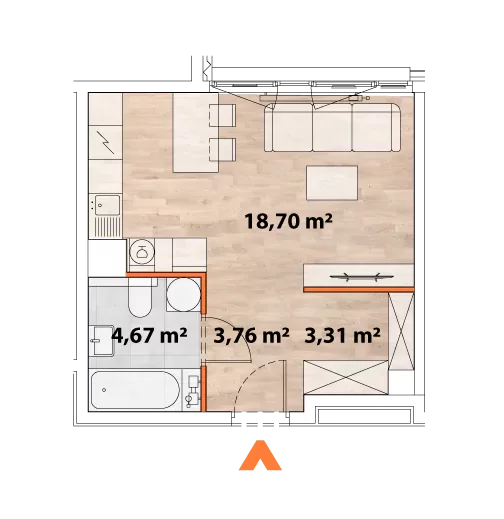 Mieszkanie 30,44 m², piętro 2, oferta nr 43/POR-A.02.06, Apartamenty Portowa, Kraków, Podgórze, Zabłocie, ul. Portowa 43