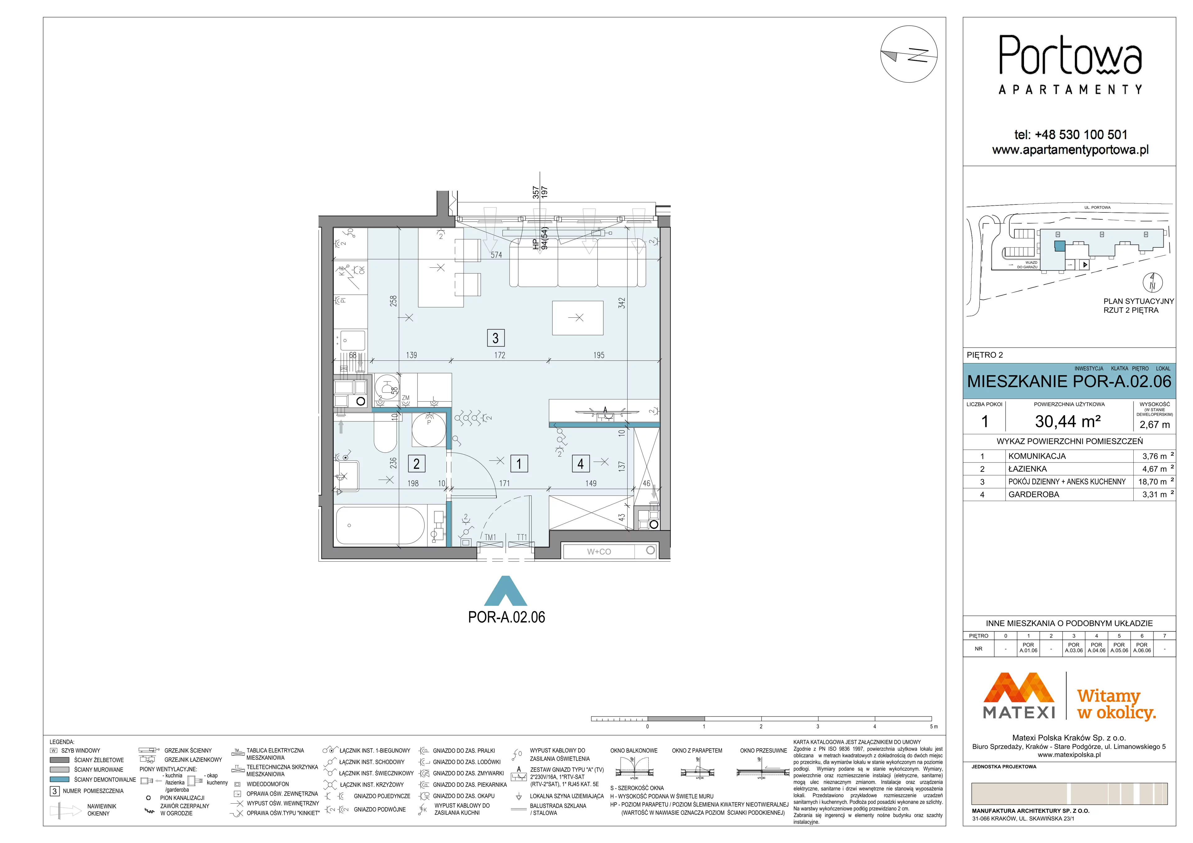 1 pokój, mieszkanie 30,44 m², piętro 2, oferta nr 43/POR-A.02.06, Apartamenty Portowa, Kraków, Podgórze, Zabłocie, ul. Portowa 43