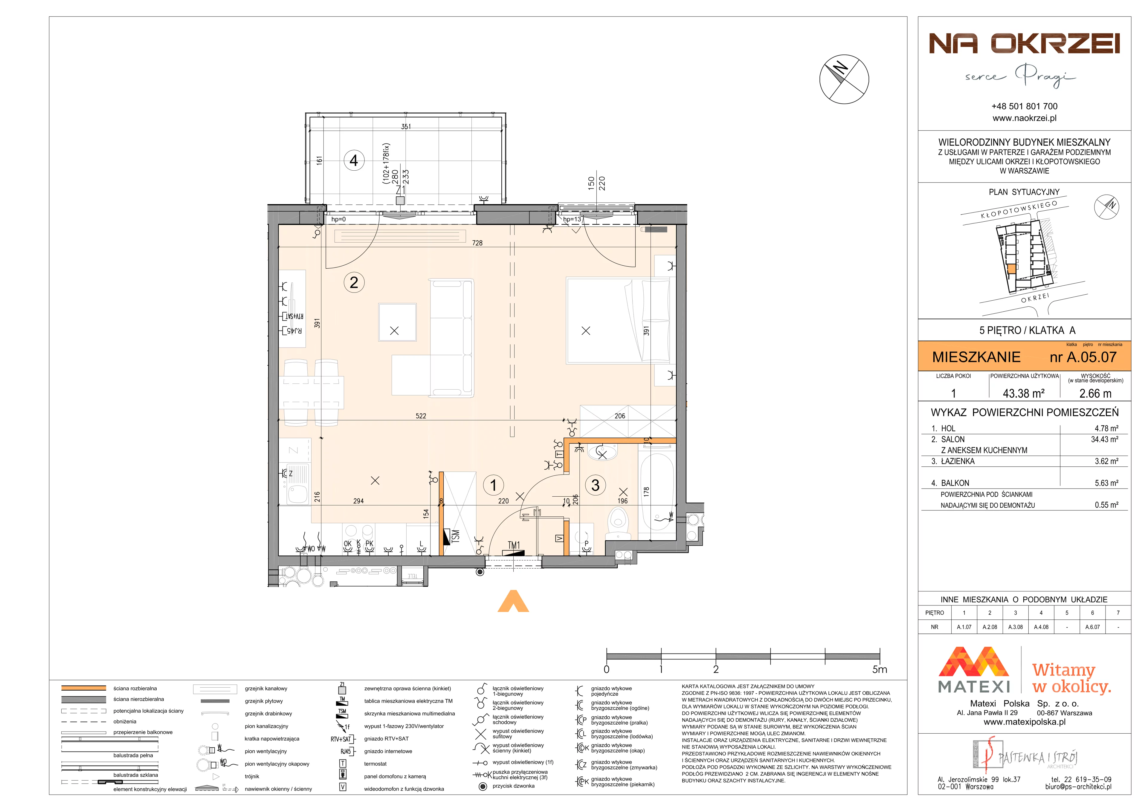 1 pokój, mieszkanie 43,38 m², piętro 5, oferta nr 27/Okr-A.05.07, Na Okrzei, Warszawa, Praga Północ, Stara Praga, ul. Stefana Okrzei