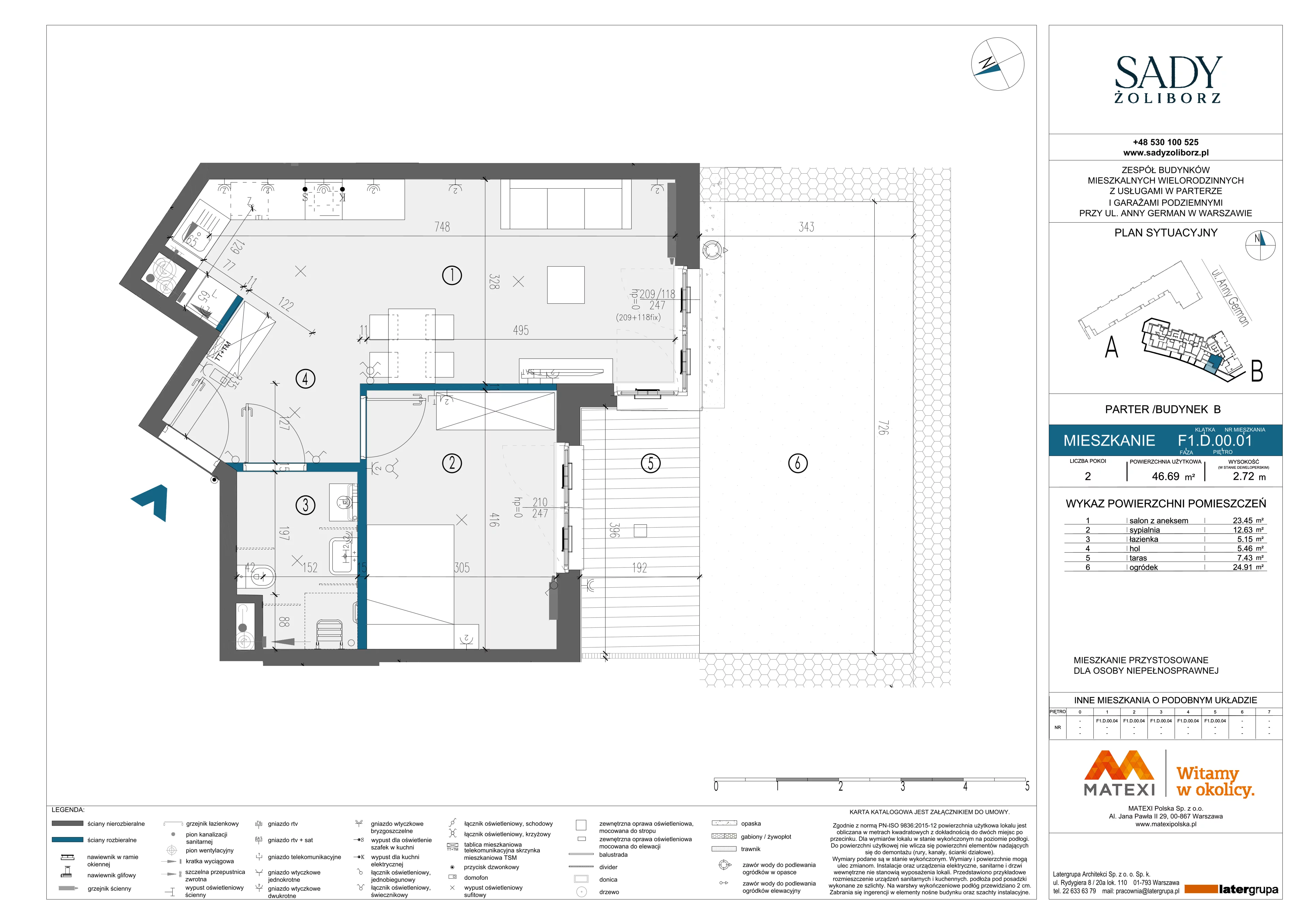 2 pokoje, mieszkanie 46,69 m², parter, oferta nr 7/SZ-F1.D.00.01, Sady Żoliborz, Warszawa, Żoliborz, Sady Żoliborskie, ul. Anny German 15