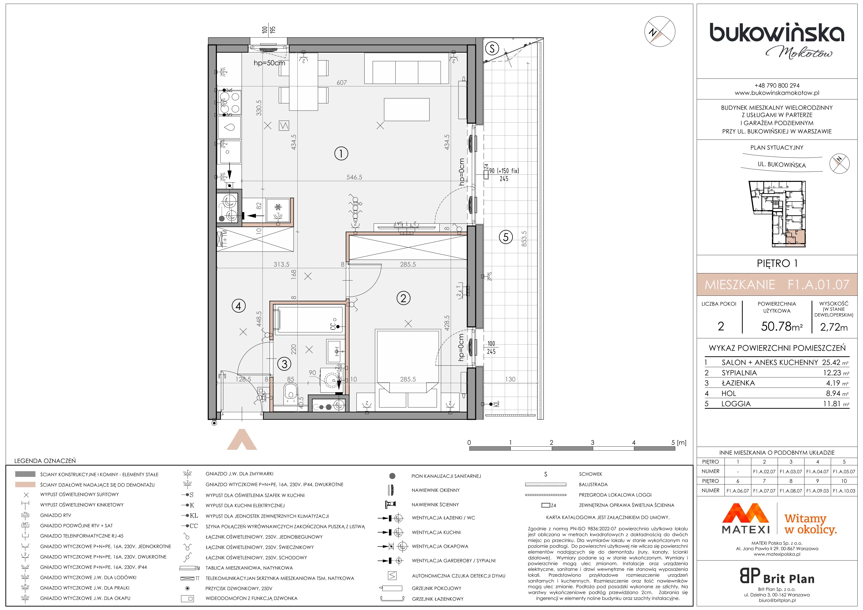 2 pokoje, mieszkanie 50,78 m², piętro 1, oferta nr 11/BM-F1.A.01.07, Bukowińska Mokotów, Warszawa, Mokotów, Ksawerów, ul. Bukowińska 11