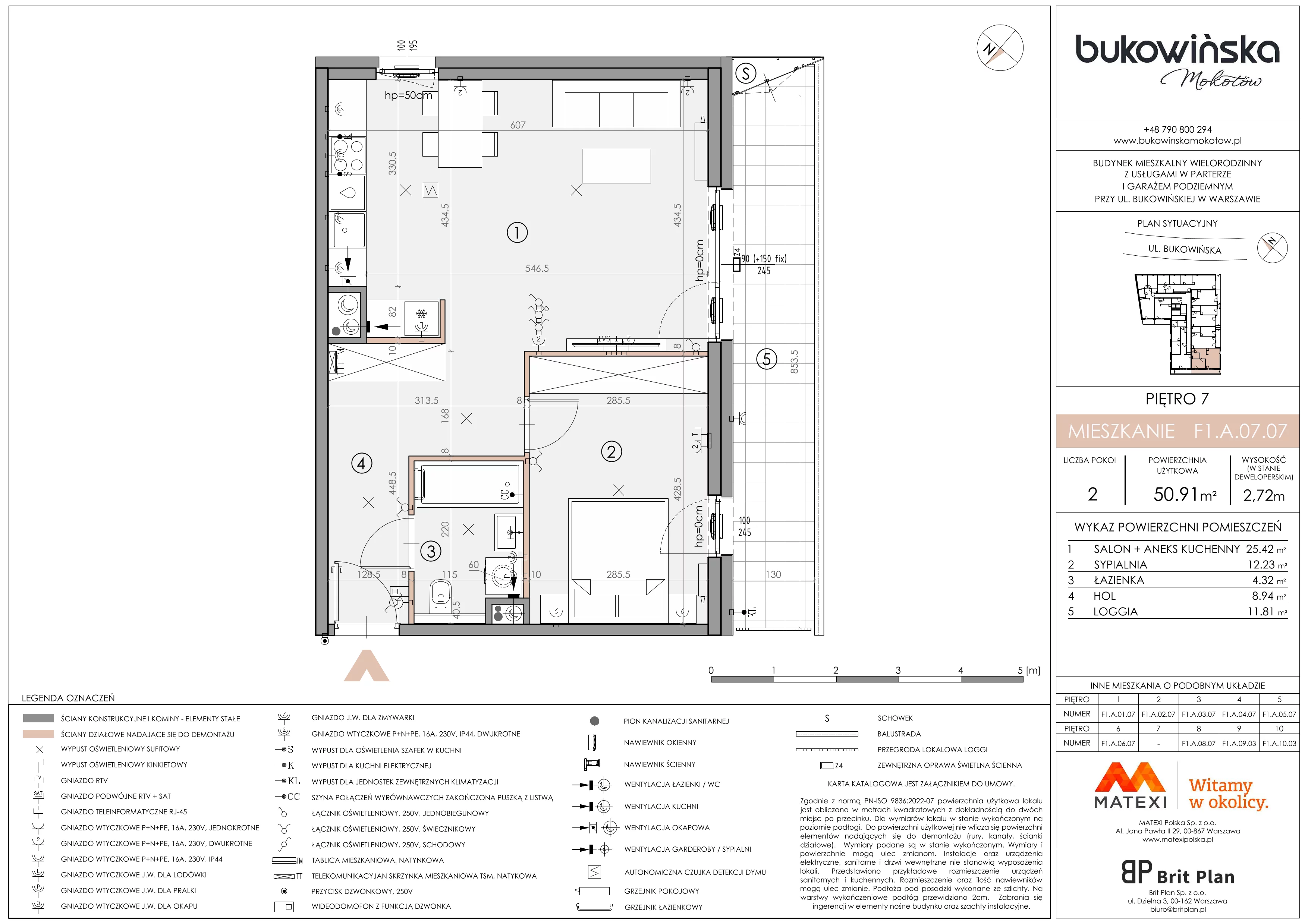 2 pokoje, mieszkanie 50,91 m², piętro 7, oferta nr 11/BM-F1.A.07.07, Bukowińska Mokotów, Warszawa, Mokotów, Ksawerów, ul. Bukowińska 11
