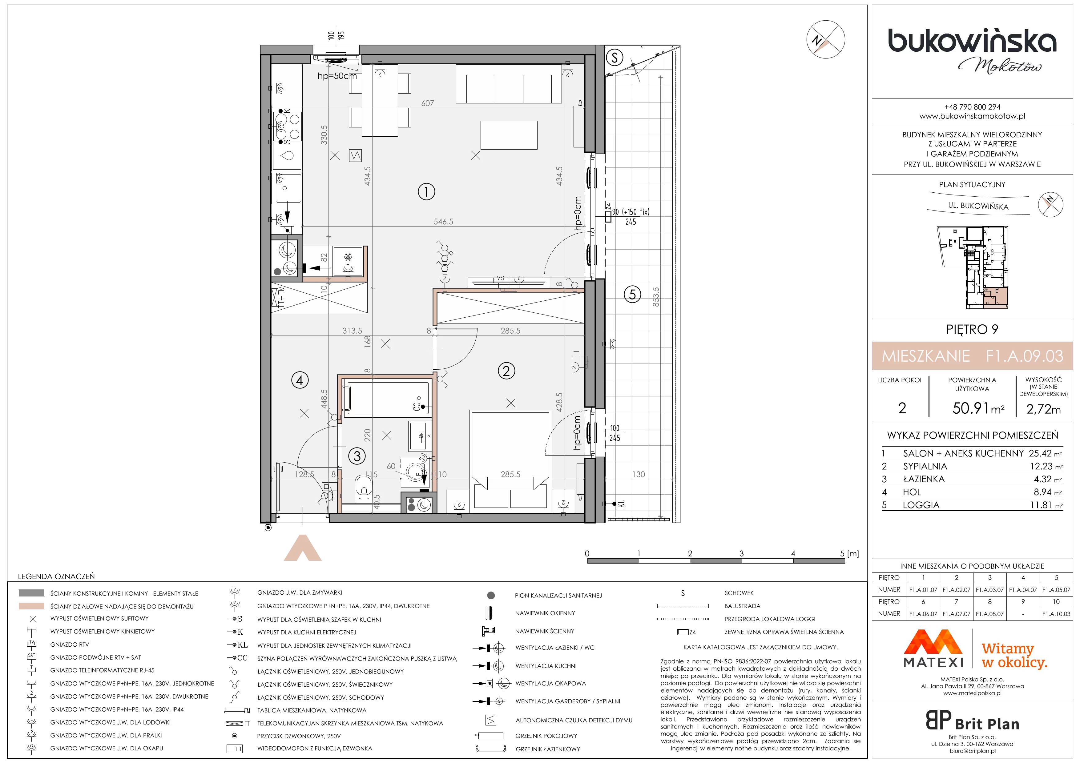2 pokoje, mieszkanie 50,91 m², piętro 9, oferta nr 11/BM-F1.A.09.03, Bukowińska Mokotów, Warszawa, Mokotów, Ksawerów, ul. Bukowińska 11