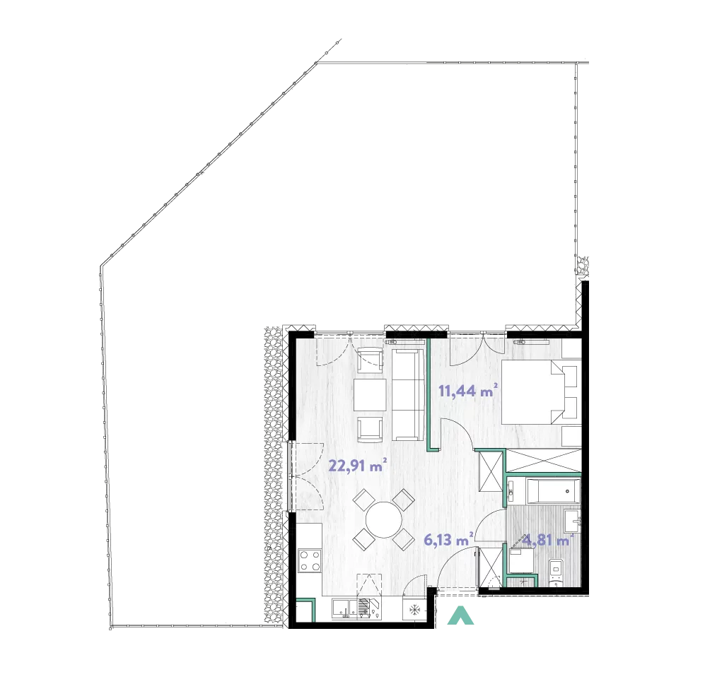 Mieszkanie 45,29 m², parter, oferta nr 2/DW-A.00.07, Do Wilgi, Kraków, Łagiewniki-Borek Fałęcki, ul. Do Wilgi 2A