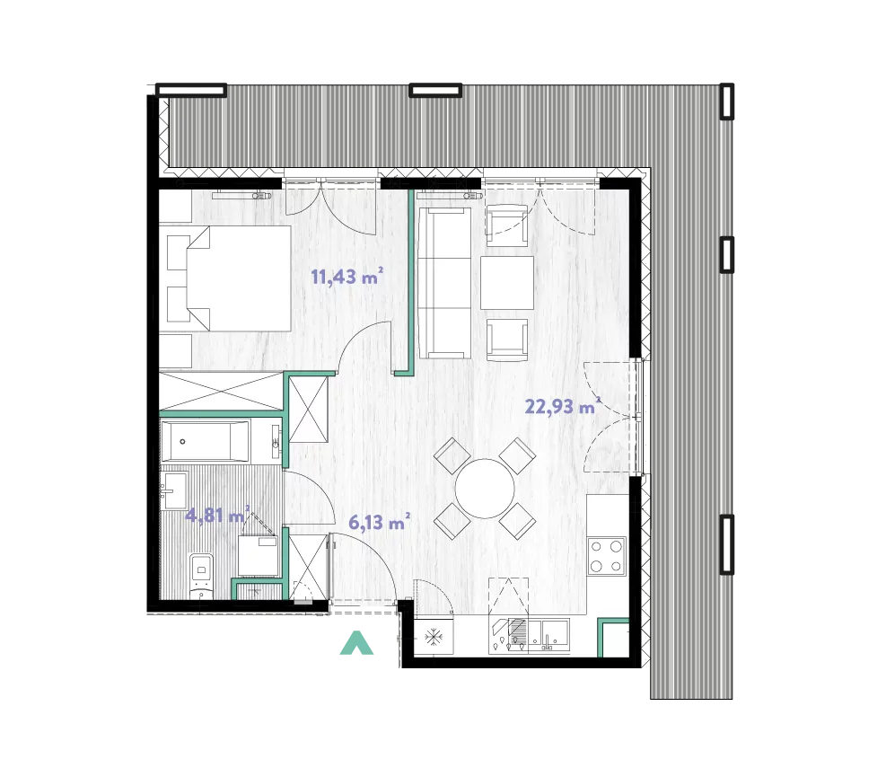 Mieszkanie 45,30 m², piętro 2, oferta nr 2/DW-A.02.08, Do Wilgi, Kraków, Łagiewniki-Borek Fałęcki, ul. Do Wilgi 2A