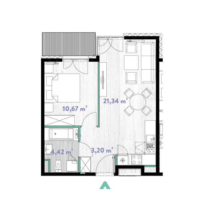 Mieszkanie 39,81 m², piętro 3, oferta nr 2/DW-A.03.02, Do Wilgi, Kraków, Łagiewniki-Borek Fałęcki, ul. Do Wilgi 2A