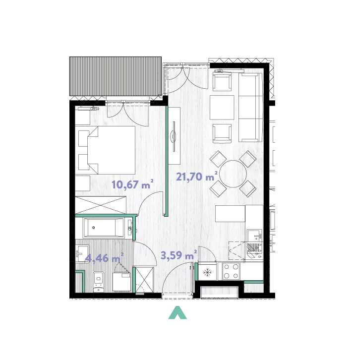 Mieszkanie 40,60 m², piętro 3, oferta nr 2/DW-A.03.03, Do Wilgi, Kraków, Łagiewniki-Borek Fałęcki, ul. Do Wilgi 2A