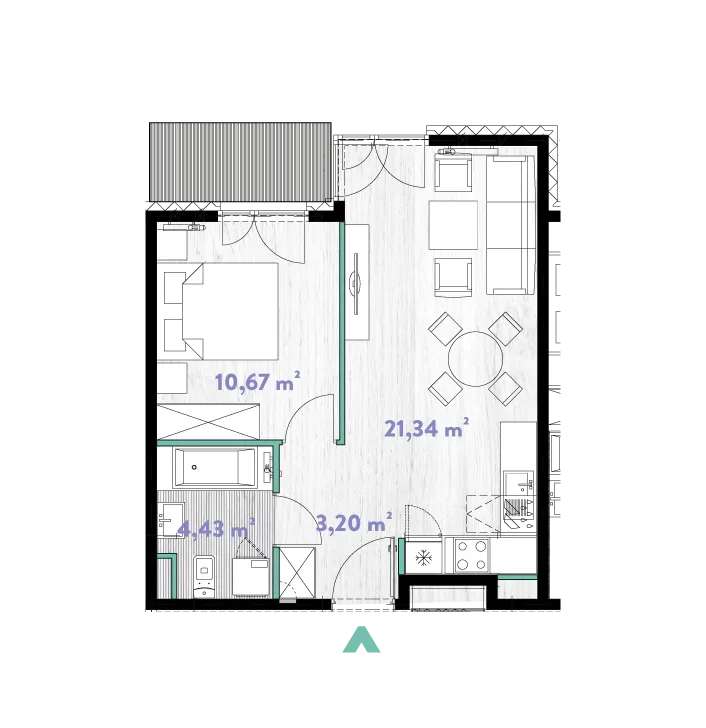 Mieszkanie 39,81 m², piętro 4, oferta nr 2/DW-A.04.02, Do Wilgi, Kraków, Łagiewniki-Borek Fałęcki, ul. Do Wilgi 2A