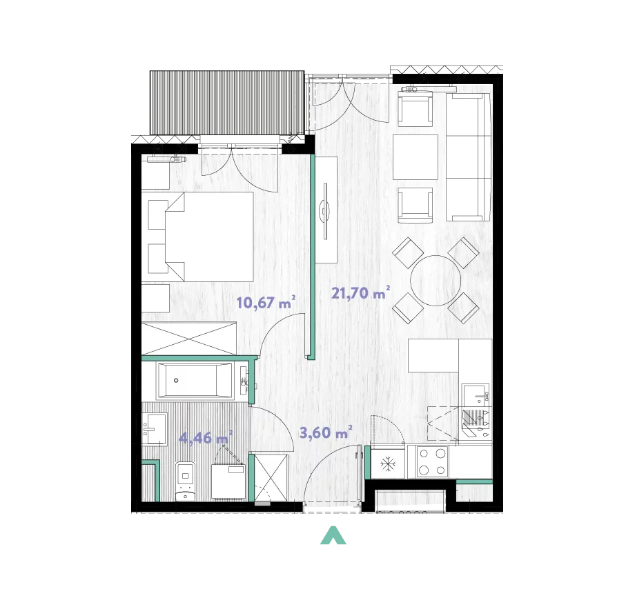 Mieszkanie 40,61 m², piętro 4, oferta nr 2/DW-A.04.11, Do Wilgi, Kraków, Łagiewniki-Borek Fałęcki, ul. Do Wilgi 2A