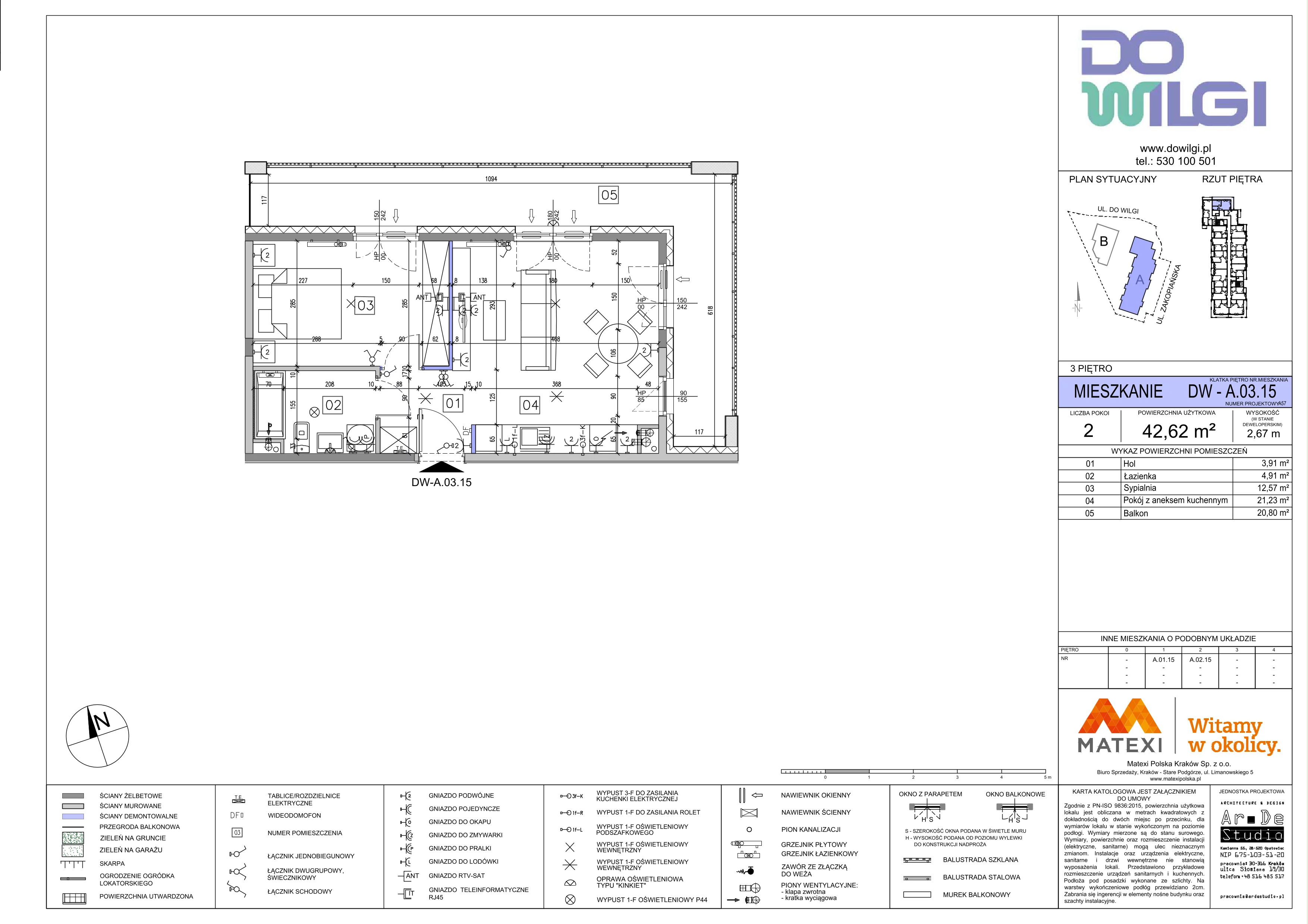 2 pokoje, mieszkanie 42,62 m², piętro 3, oferta nr 2/DW-A.03.15, Do Wilgi, Kraków, Łagiewniki-Borek Fałęcki, ul. Do Wilgi 2A