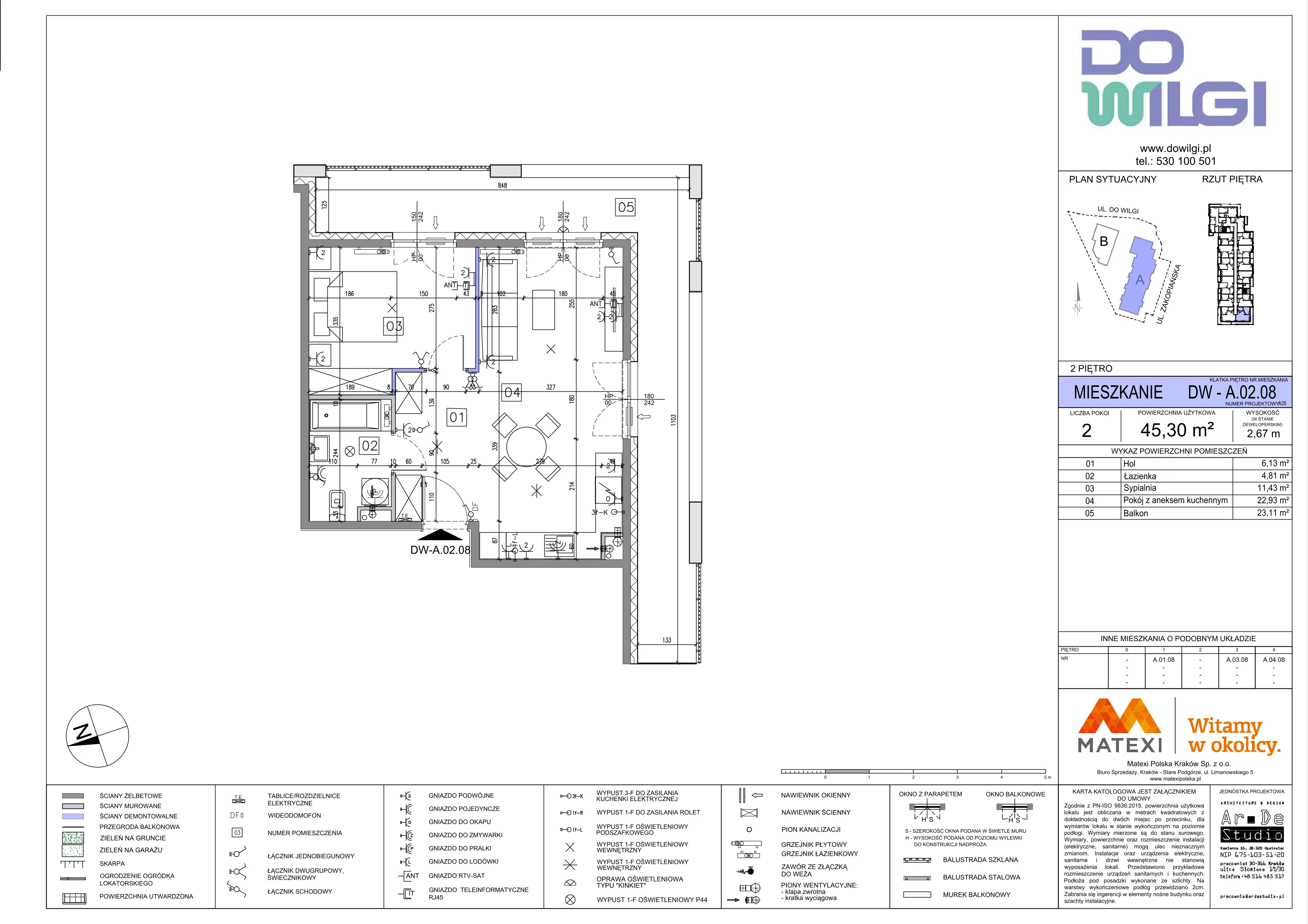 2 pokoje, mieszkanie 45,30 m², piętro 2, oferta nr 2/DW-A.02.08, Do Wilgi, Kraków, Łagiewniki-Borek Fałęcki, ul. Do Wilgi 2A
