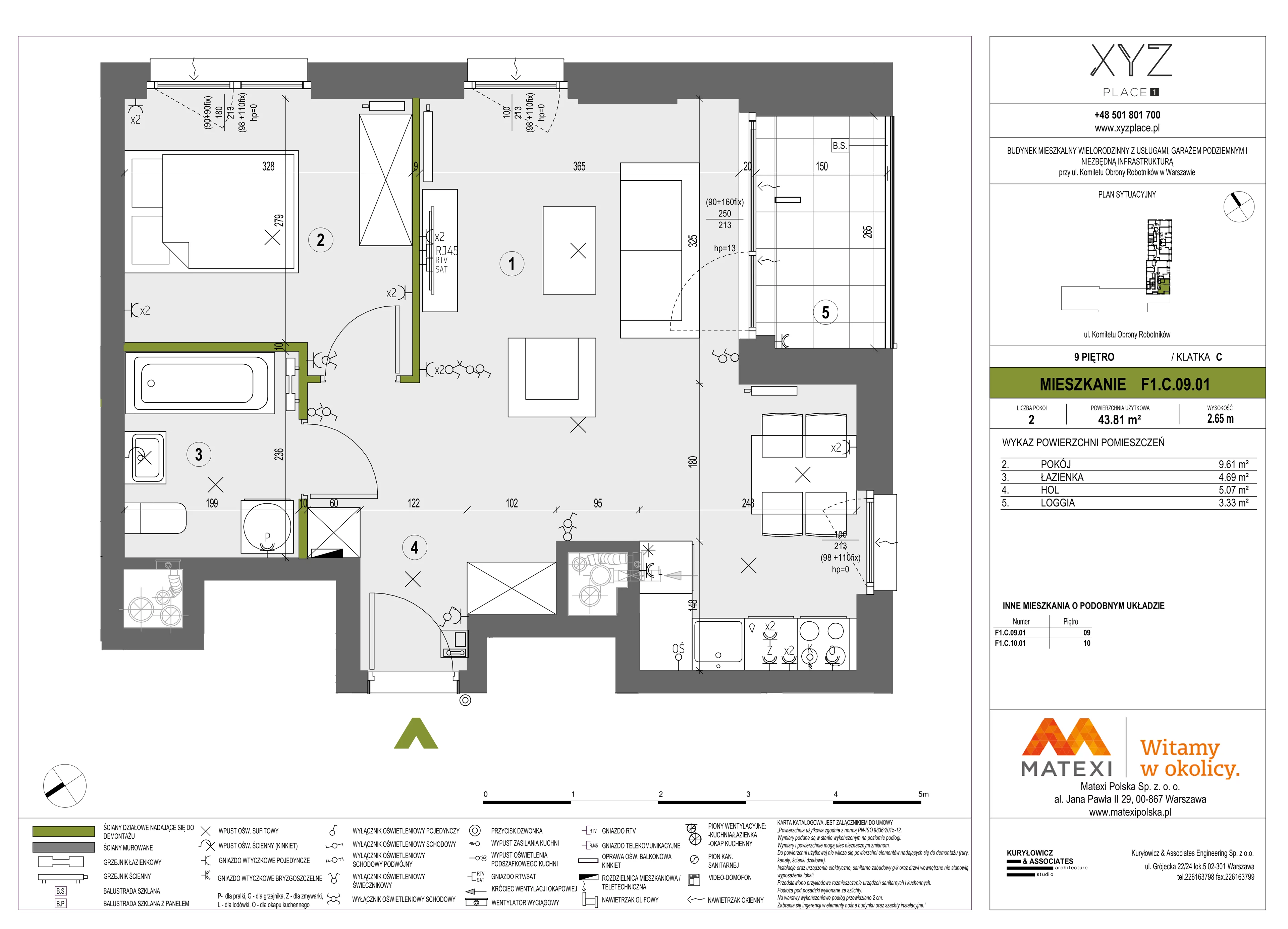 2 pokoje, mieszkanie 43,81 m², piętro 9, oferta nr 30/XY-F1.C.09.01, XYZ Place, Warszawa, Włochy, Okęcie, ul. Komitetu Obrony Robotników 32