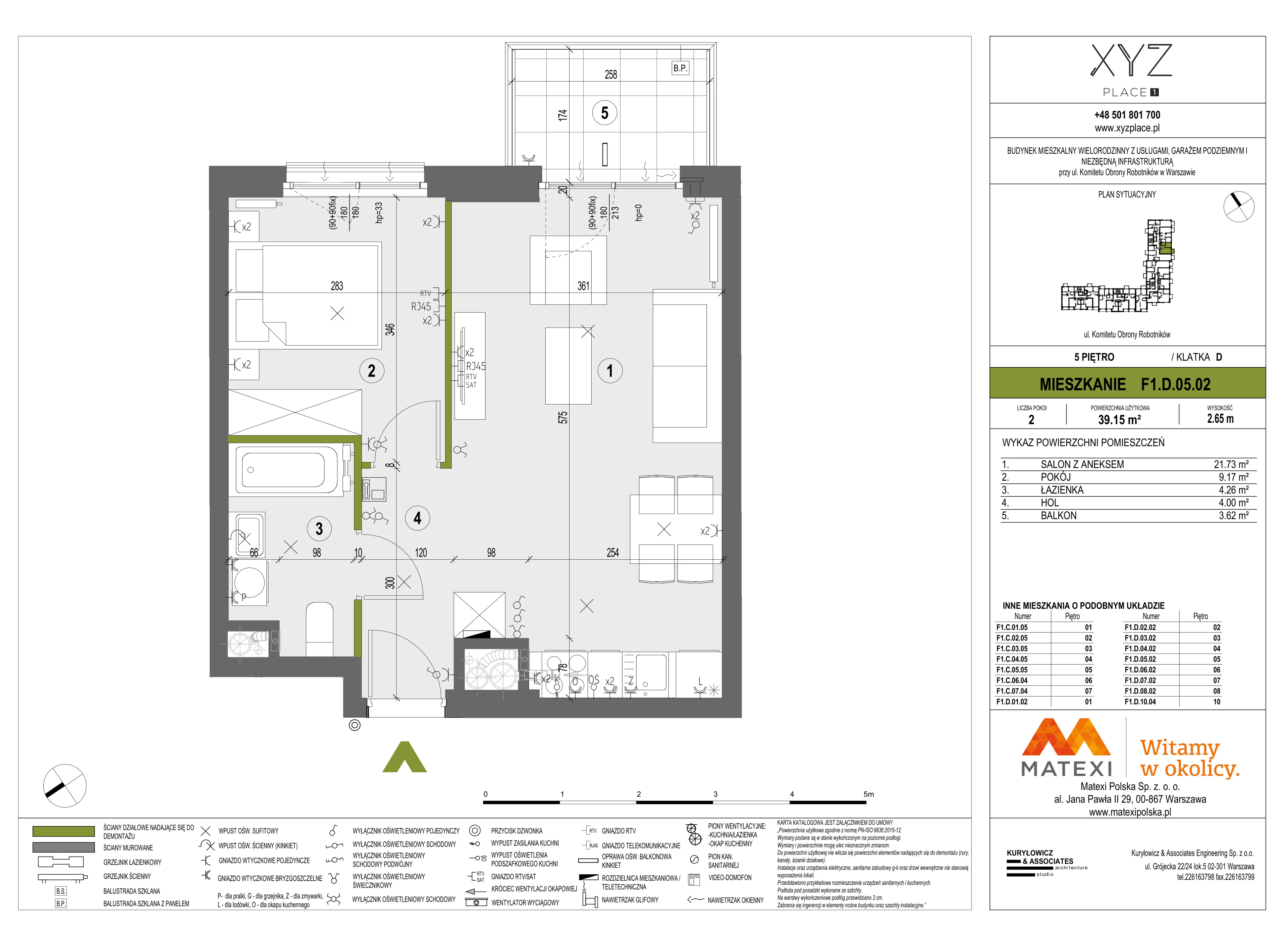 2 pokoje, mieszkanie 39,15 m², piętro 5, oferta nr 30/XY-F1.D.05.02, XYZ Place, Warszawa, Włochy, Okęcie, ul. Komitetu Obrony Robotników 32