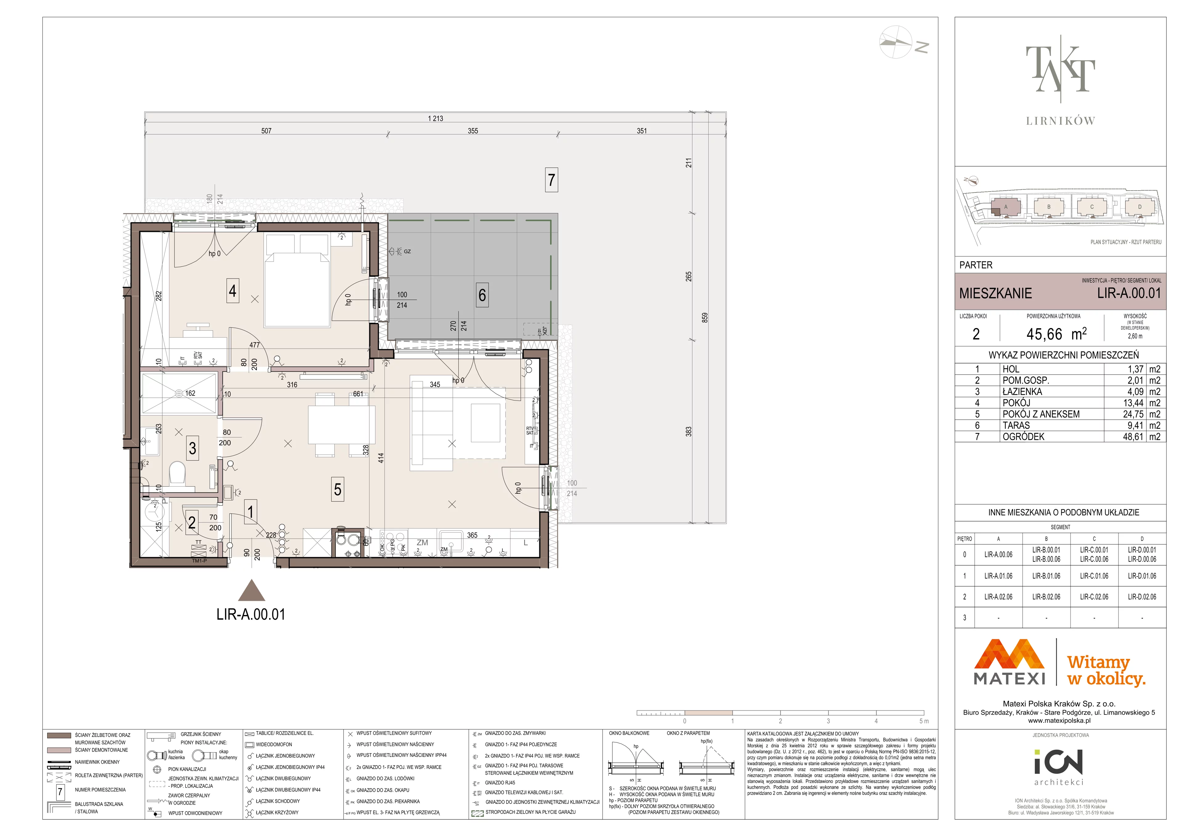2 pokoje, mieszkanie 45,66 m², parter, oferta nr 7/LIR-A.00.01, Takt Lirników, Kraków, Podgórze Duchackie, Wola Duchacka, ul. Lirników