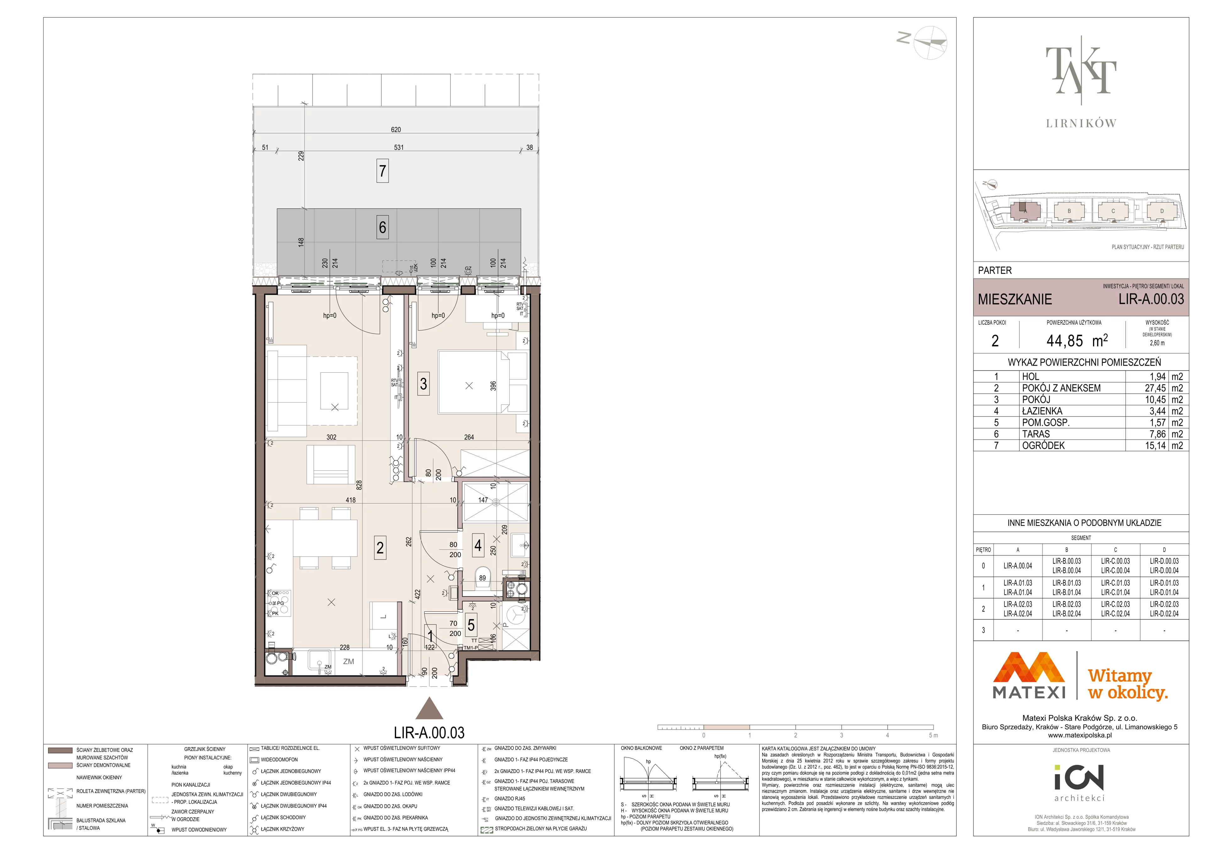 2 pokoje, mieszkanie 44,85 m², parter, oferta nr 7/LIR-A.00.03, Takt Lirników, Kraków, Podgórze Duchackie, Wola Duchacka, ul. Lirników