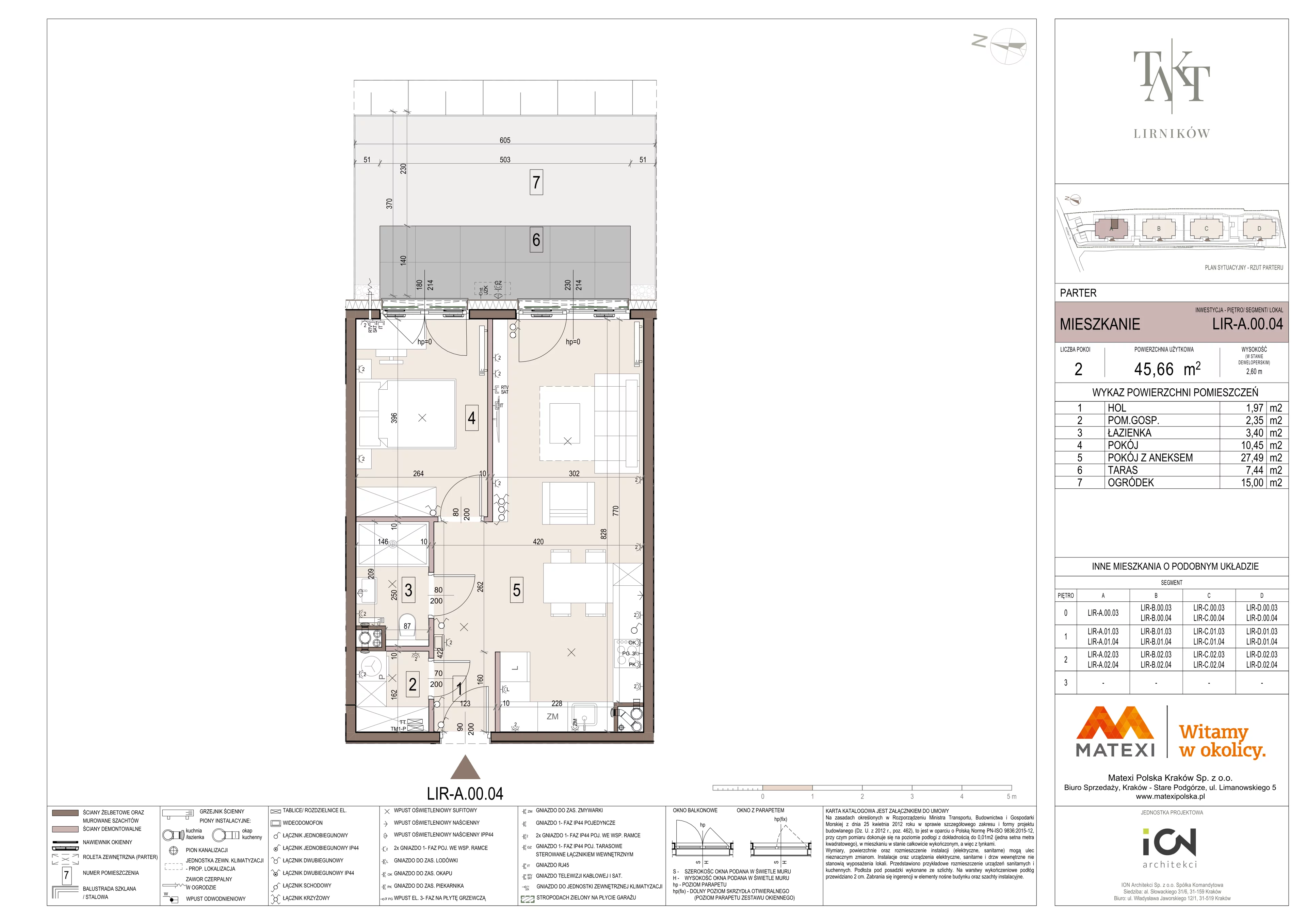 2 pokoje, mieszkanie 45,66 m², parter, oferta nr 7/LIR-A.00.04, Takt Lirników, Kraków, Podgórze Duchackie, Wola Duchacka, ul. Lirników