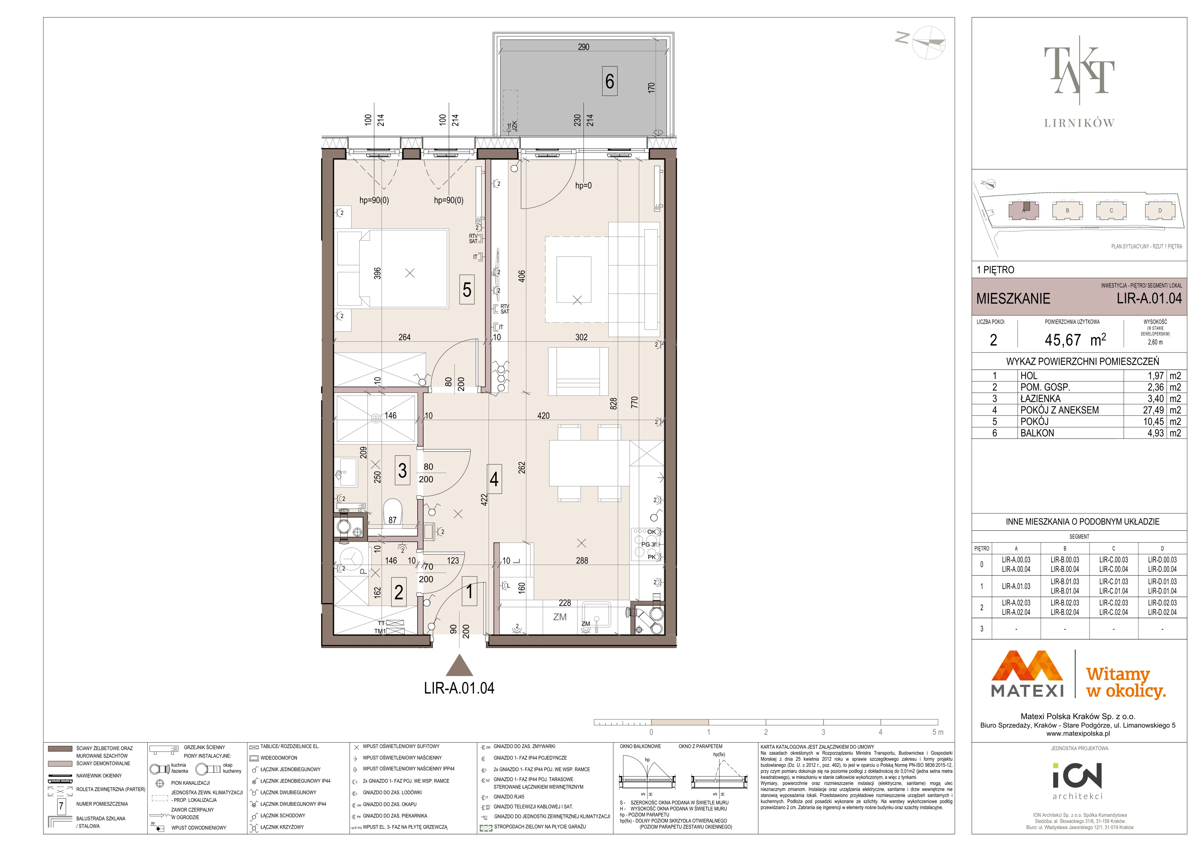 2 pokoje, mieszkanie 45,67 m², piętro 1, oferta nr 7/LIR-A.01.04, Takt Lirników, Kraków, Podgórze Duchackie, Wola Duchacka, ul. Lirników