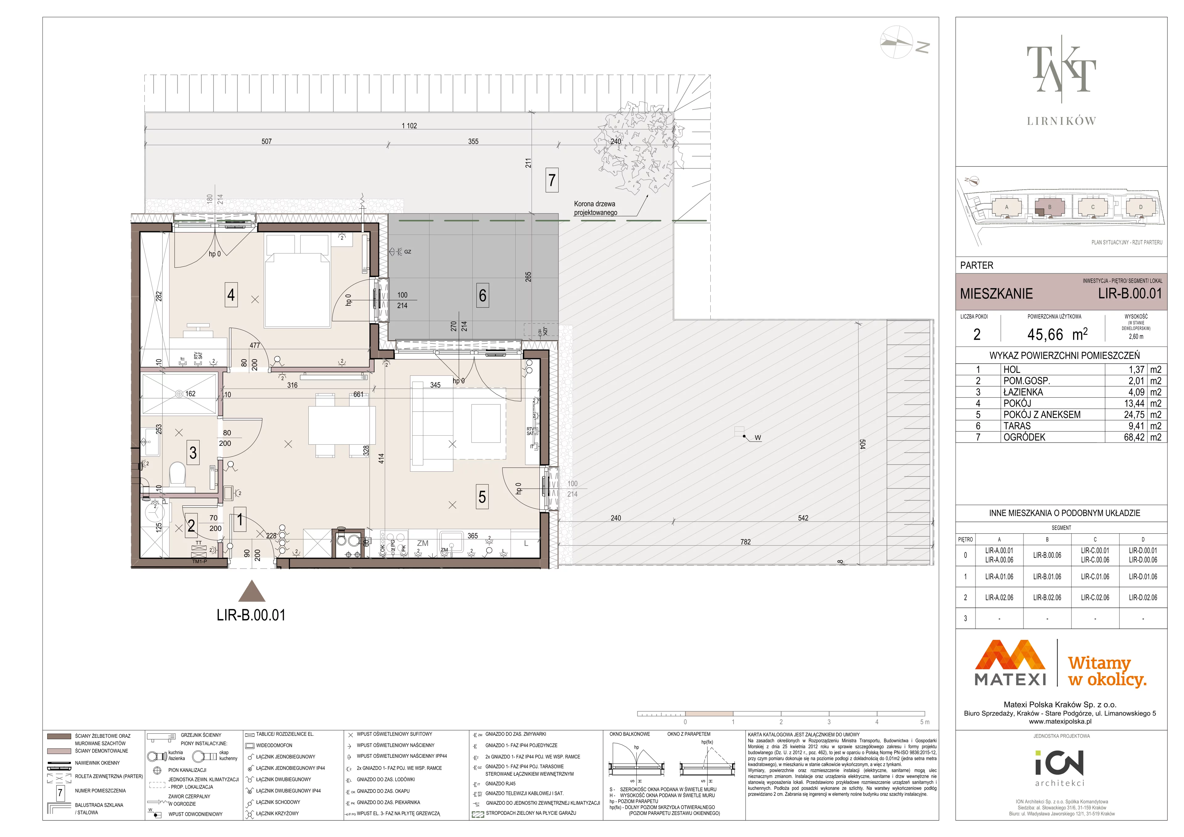 2 pokoje, mieszkanie 45,66 m², parter, oferta nr 7/LIR-B.00.01, Takt Lirników, Kraków, Podgórze Duchackie, Wola Duchacka, ul. Lirników