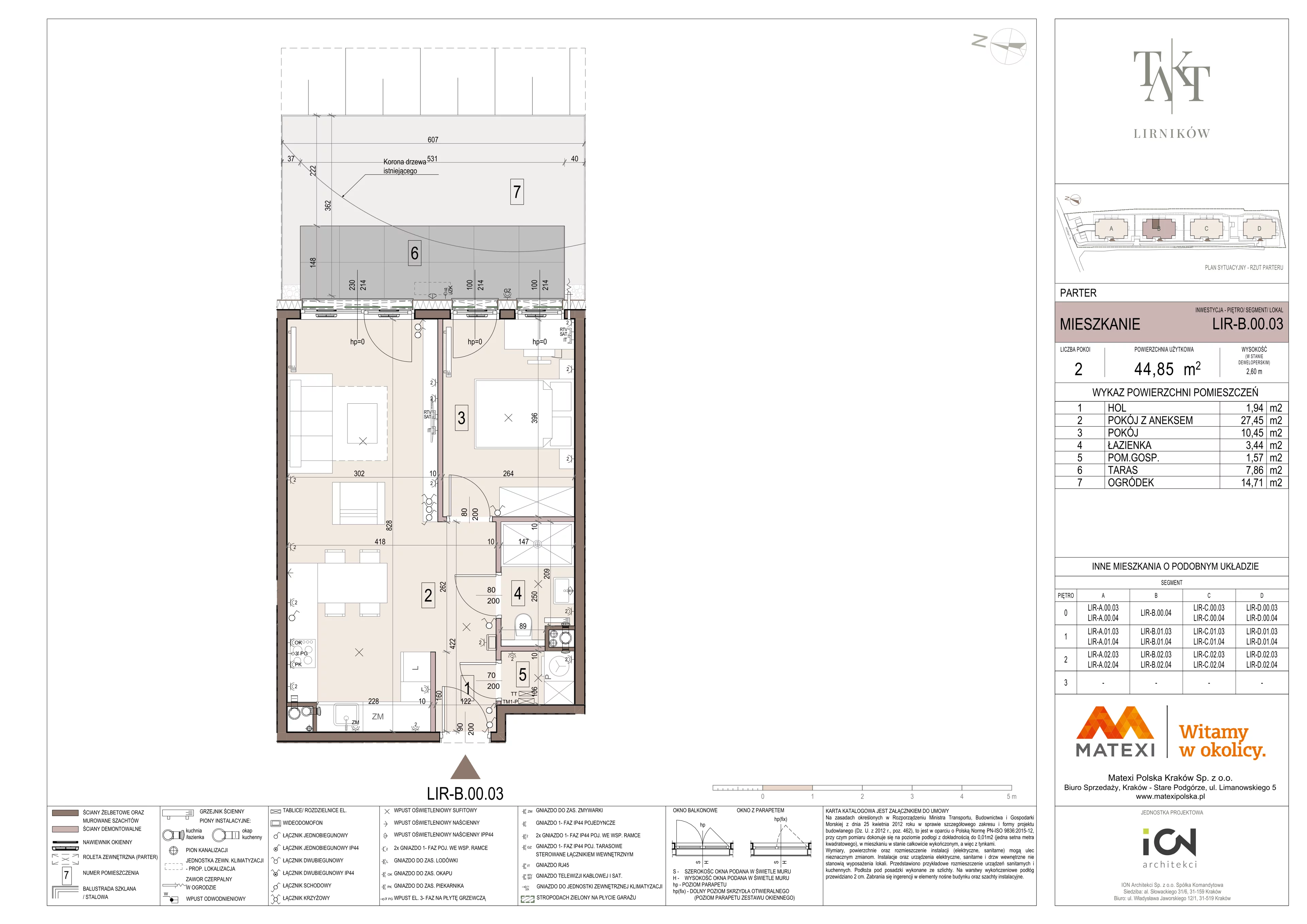 2 pokoje, mieszkanie 44,85 m², parter, oferta nr 7/LIR-B.00.03, Takt Lirników, Kraków, Podgórze Duchackie, Wola Duchacka, ul. Lirników