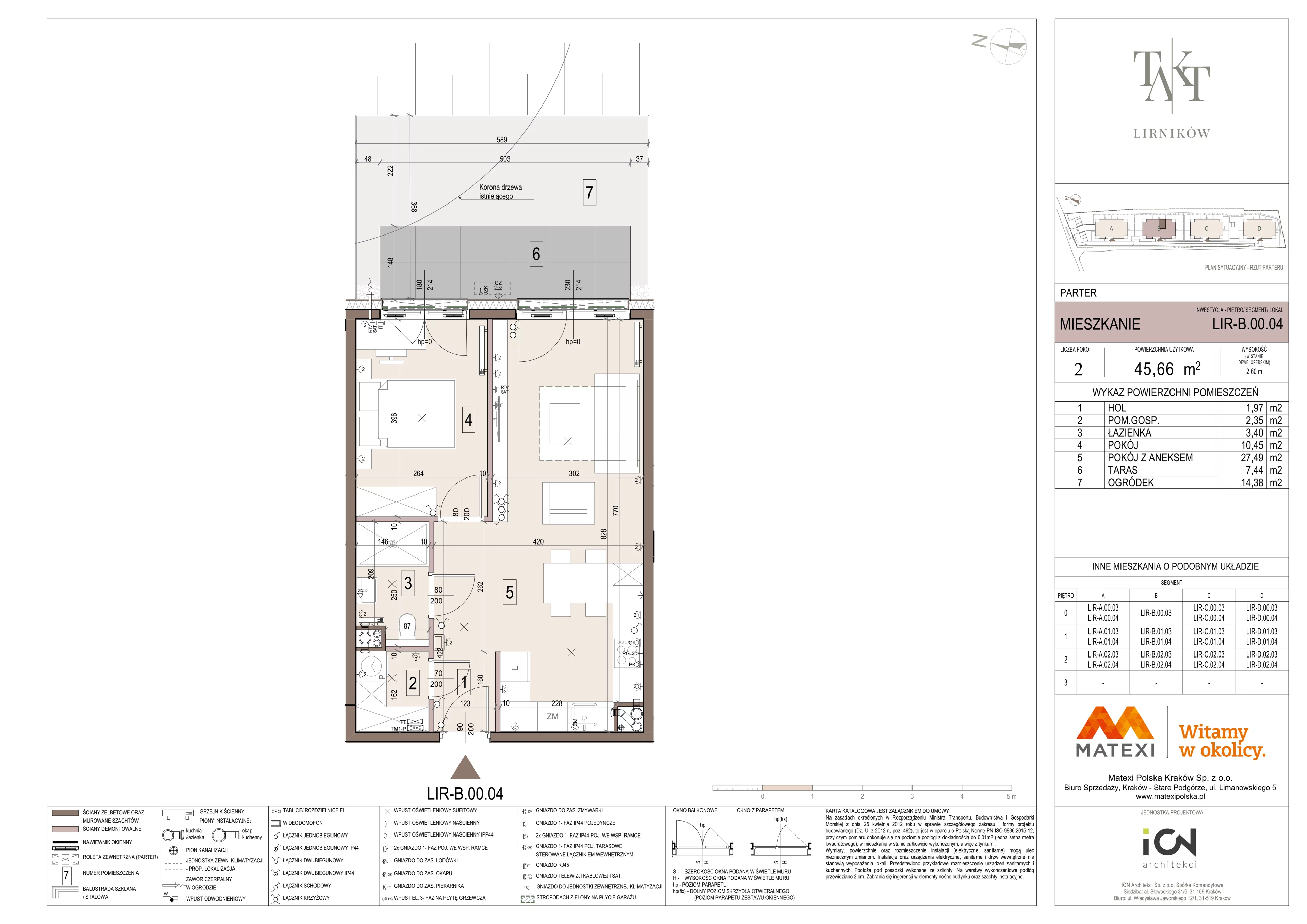 2 pokoje, mieszkanie 45,66 m², parter, oferta nr 7/LIR-B.00.04, Takt Lirników, Kraków, Podgórze Duchackie, Wola Duchacka, ul. Lirników