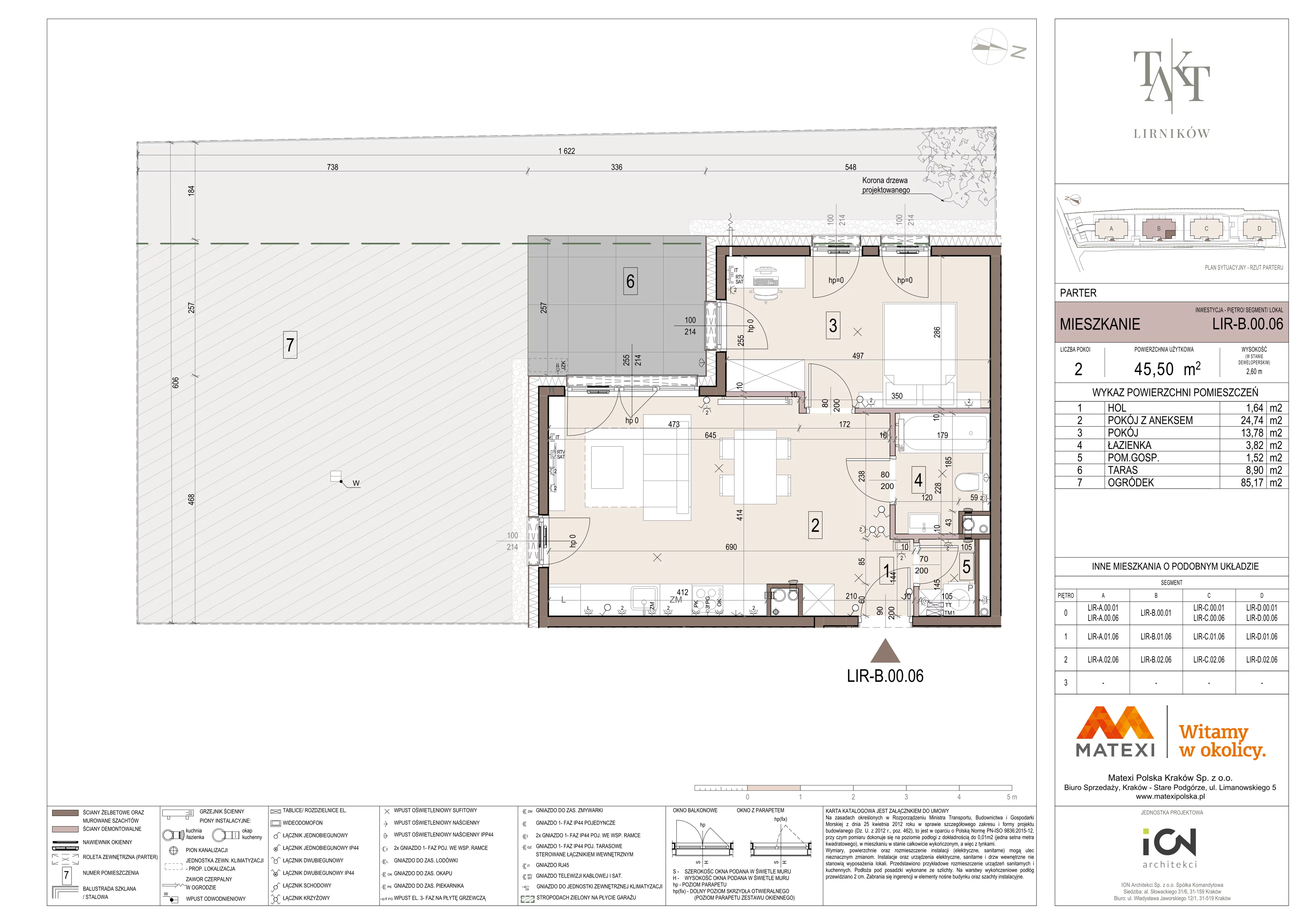 2 pokoje, mieszkanie 45,50 m², parter, oferta nr 7/LIR-B.00.06, Takt Lirników, Kraków, Podgórze Duchackie, Wola Duchacka, ul. Lirników