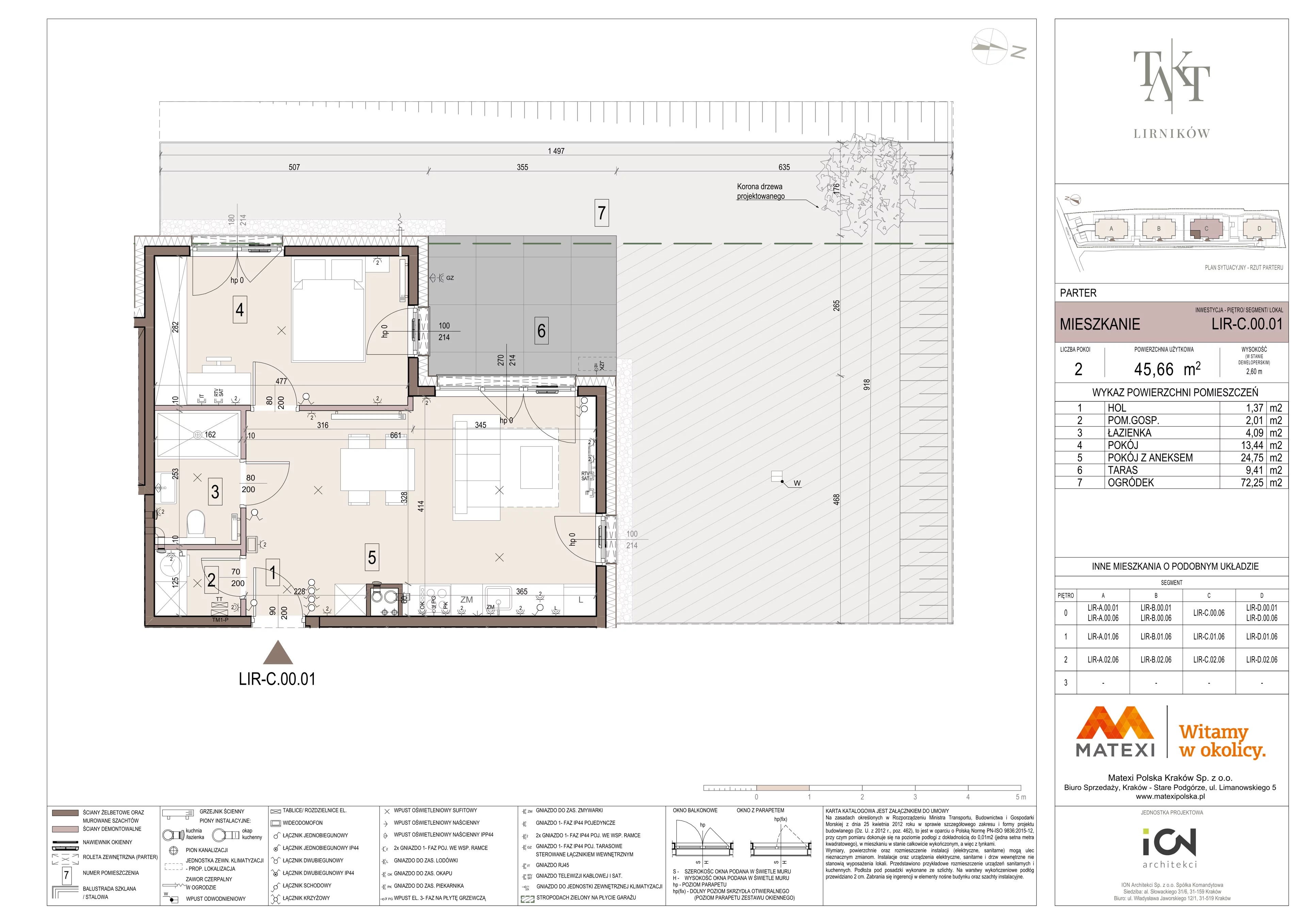 2 pokoje, mieszkanie 45,66 m², parter, oferta nr 7/LIR-C.00.01, Takt Lirników, Kraków, Podgórze Duchackie, Wola Duchacka, ul. Lirników