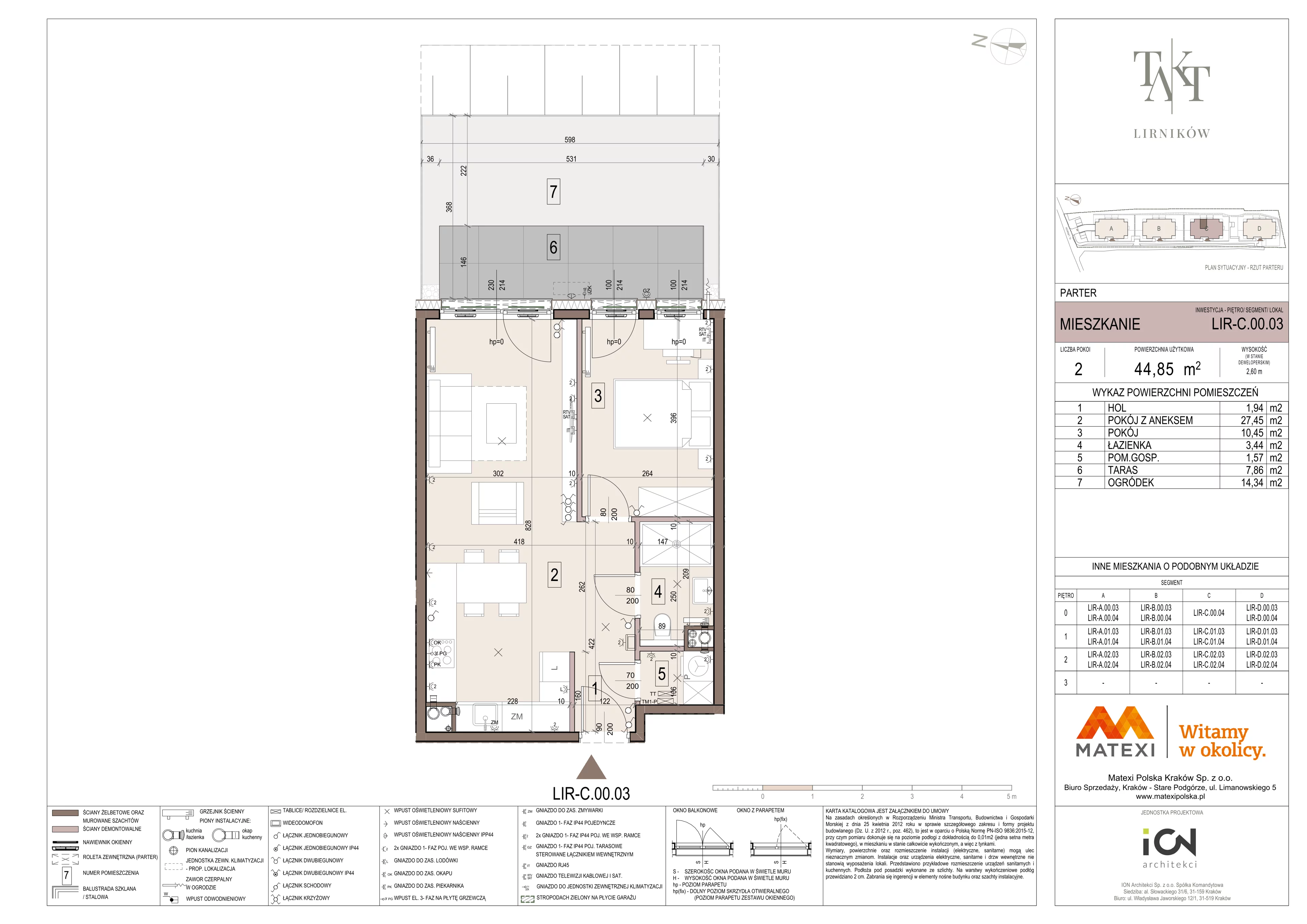 2 pokoje, mieszkanie 44,85 m², parter, oferta nr 7/LIR-C.00.03, Takt Lirników, Kraków, Podgórze Duchackie, Wola Duchacka, ul. Lirników