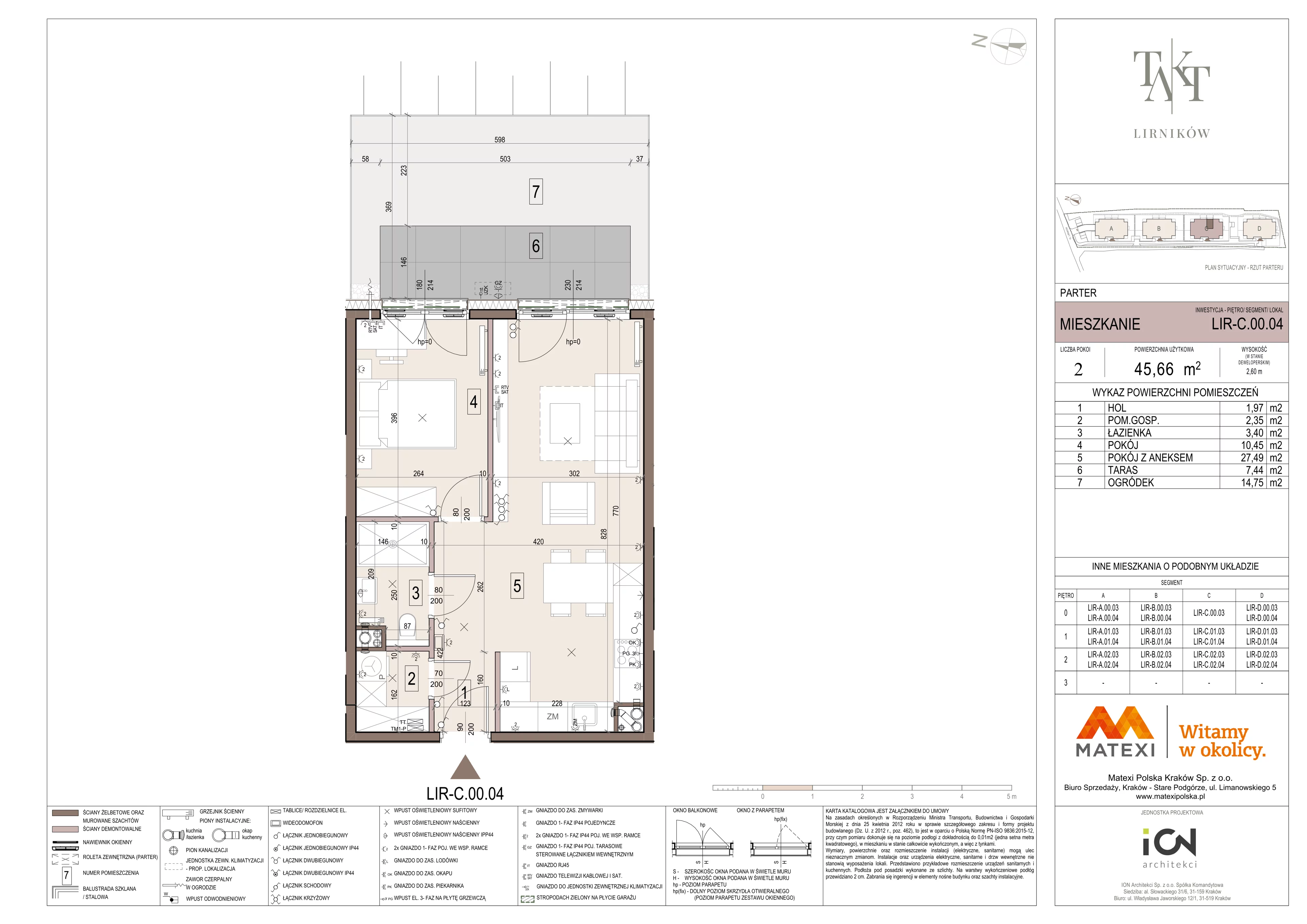 2 pokoje, mieszkanie 45,66 m², parter, oferta nr 7/LIR-C.00.04, Takt Lirników, Kraków, Podgórze Duchackie, Wola Duchacka, ul. Lirników
