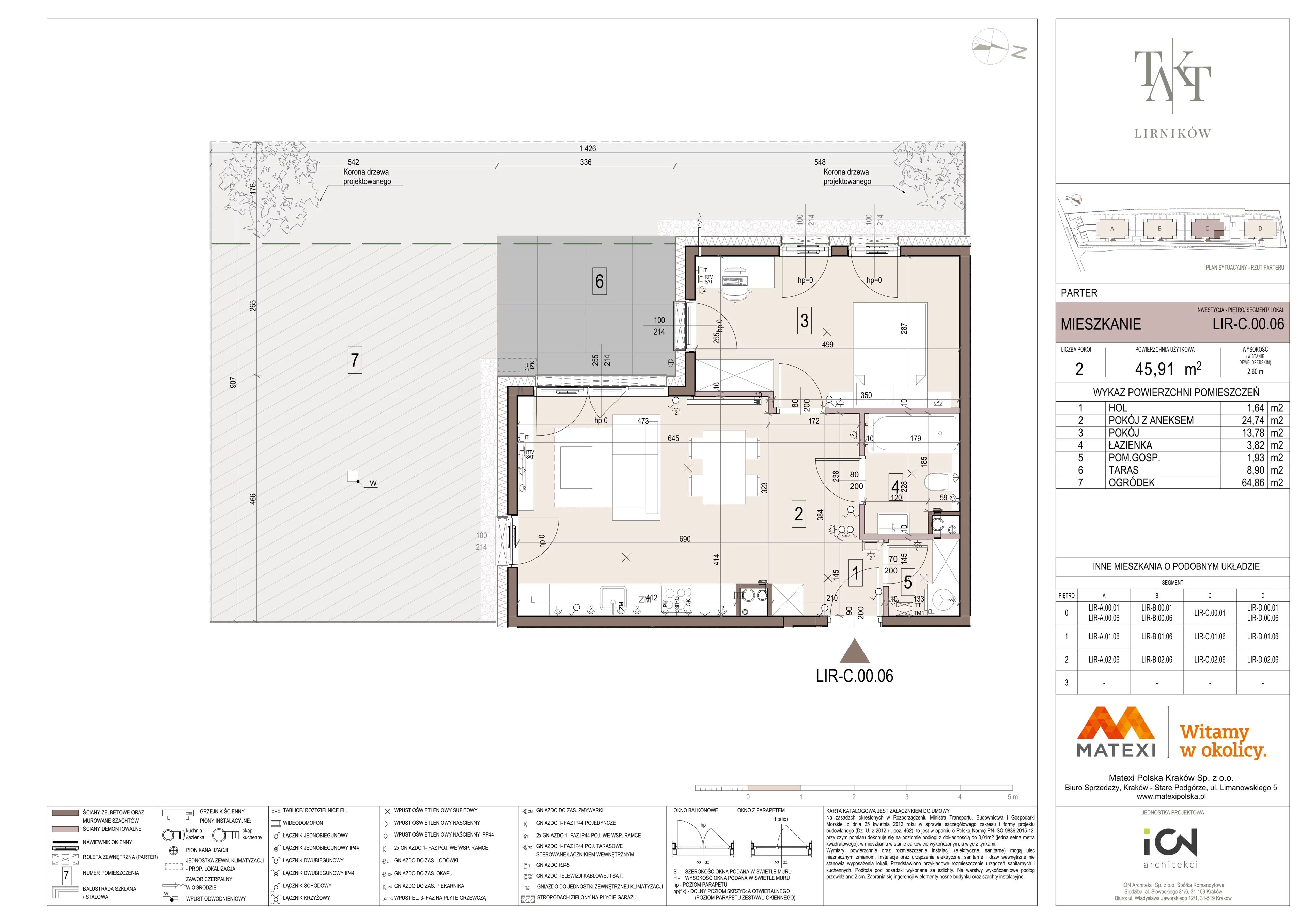 2 pokoje, mieszkanie 45,91 m², parter, oferta nr 7/LIR-C.00.06, Takt Lirników, Kraków, Podgórze Duchackie, Wola Duchacka, ul. Lirników