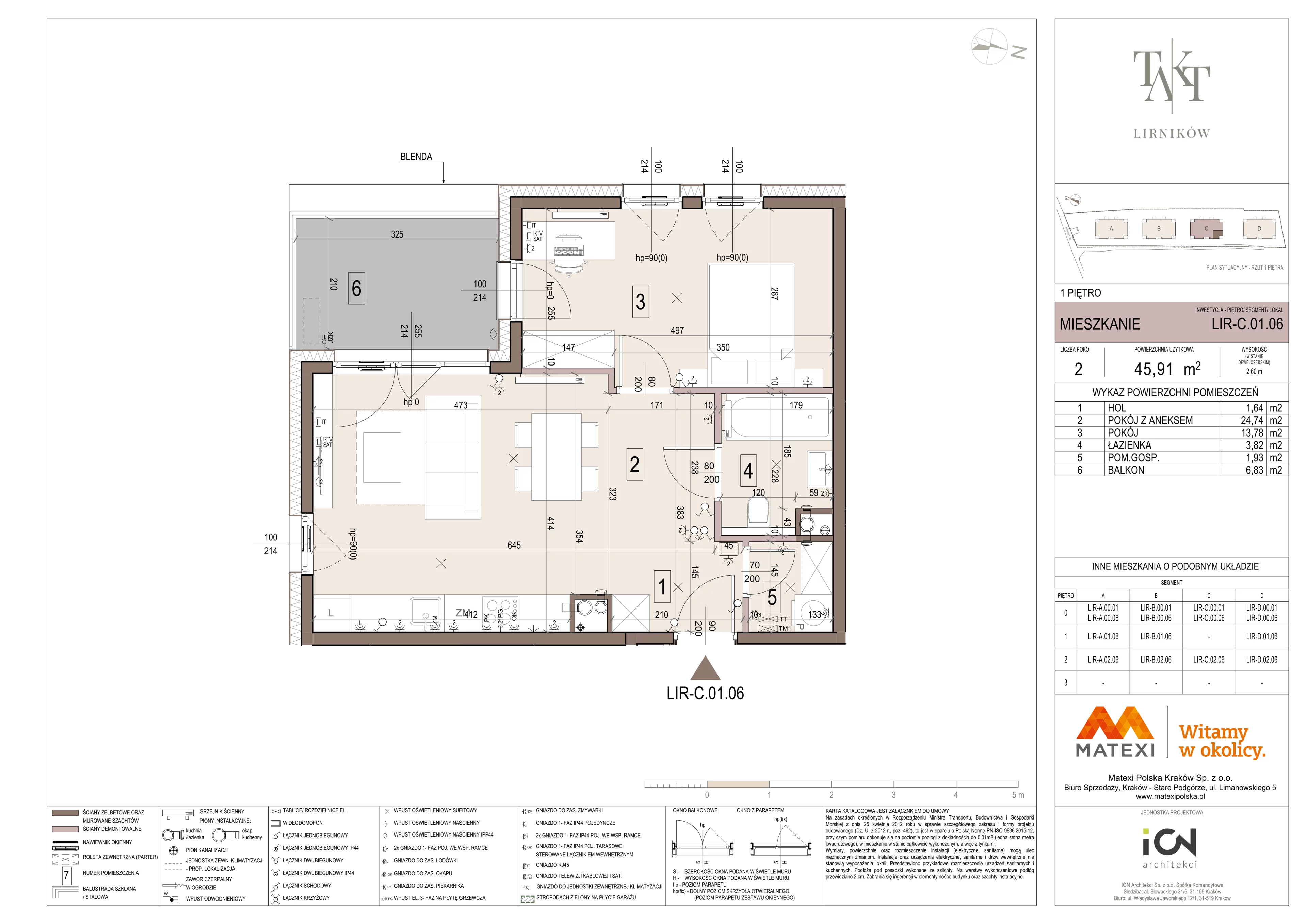 2 pokoje, mieszkanie 45,91 m², piętro 1, oferta nr 7/LIR-C.01.06, Takt Lirników, Kraków, Podgórze Duchackie, Wola Duchacka, ul. Lirników