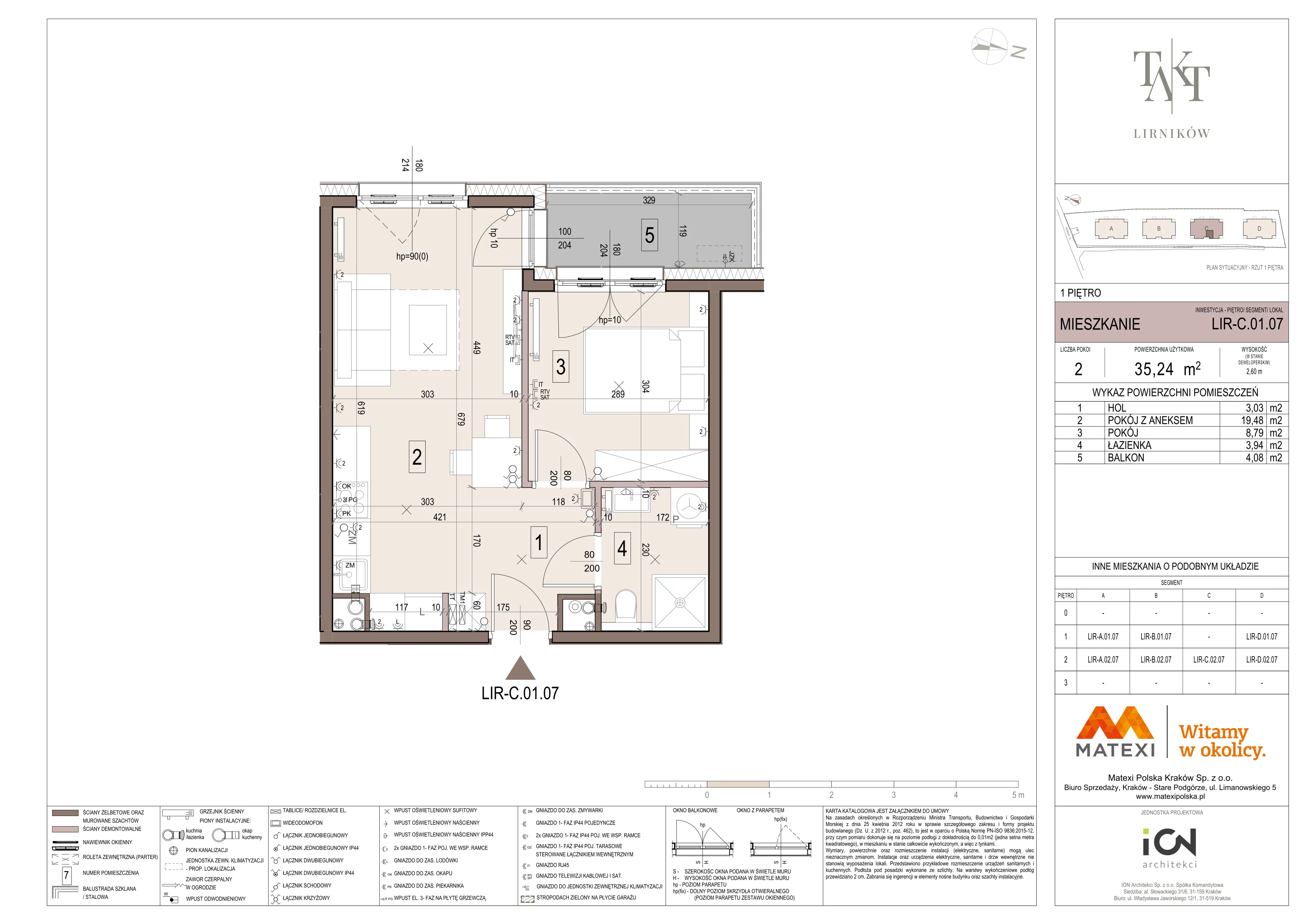 2 pokoje, mieszkanie 35,24 m², piętro 1, oferta nr 7/LIR-C.01.07, Takt Lirników, Kraków, Podgórze Duchackie, Wola Duchacka, ul. Lirników