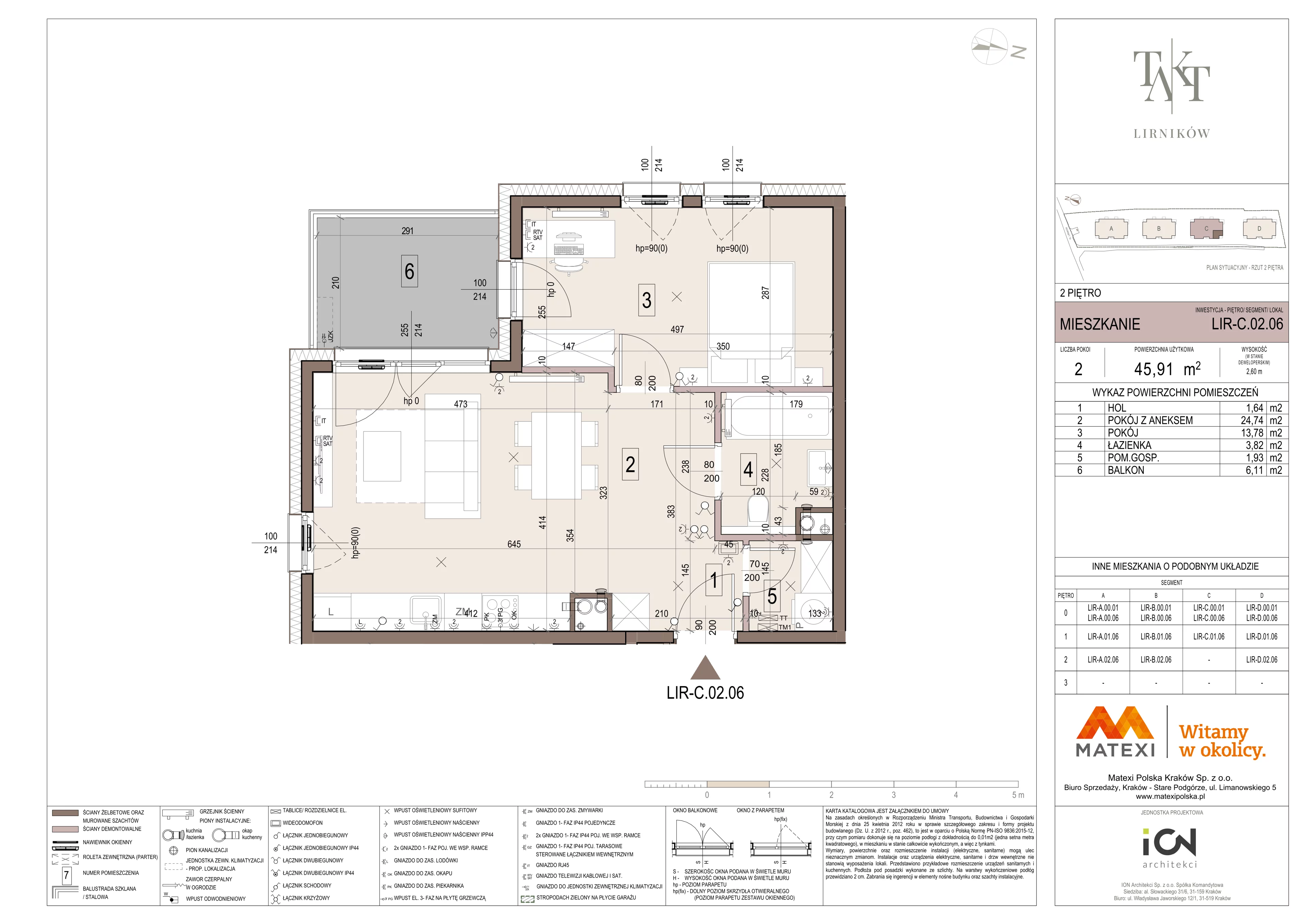 2 pokoje, mieszkanie 45,91 m², piętro 2, oferta nr 7/LIR-C.02.06, Takt Lirników, Kraków, Podgórze Duchackie, Wola Duchacka, ul. Lirników