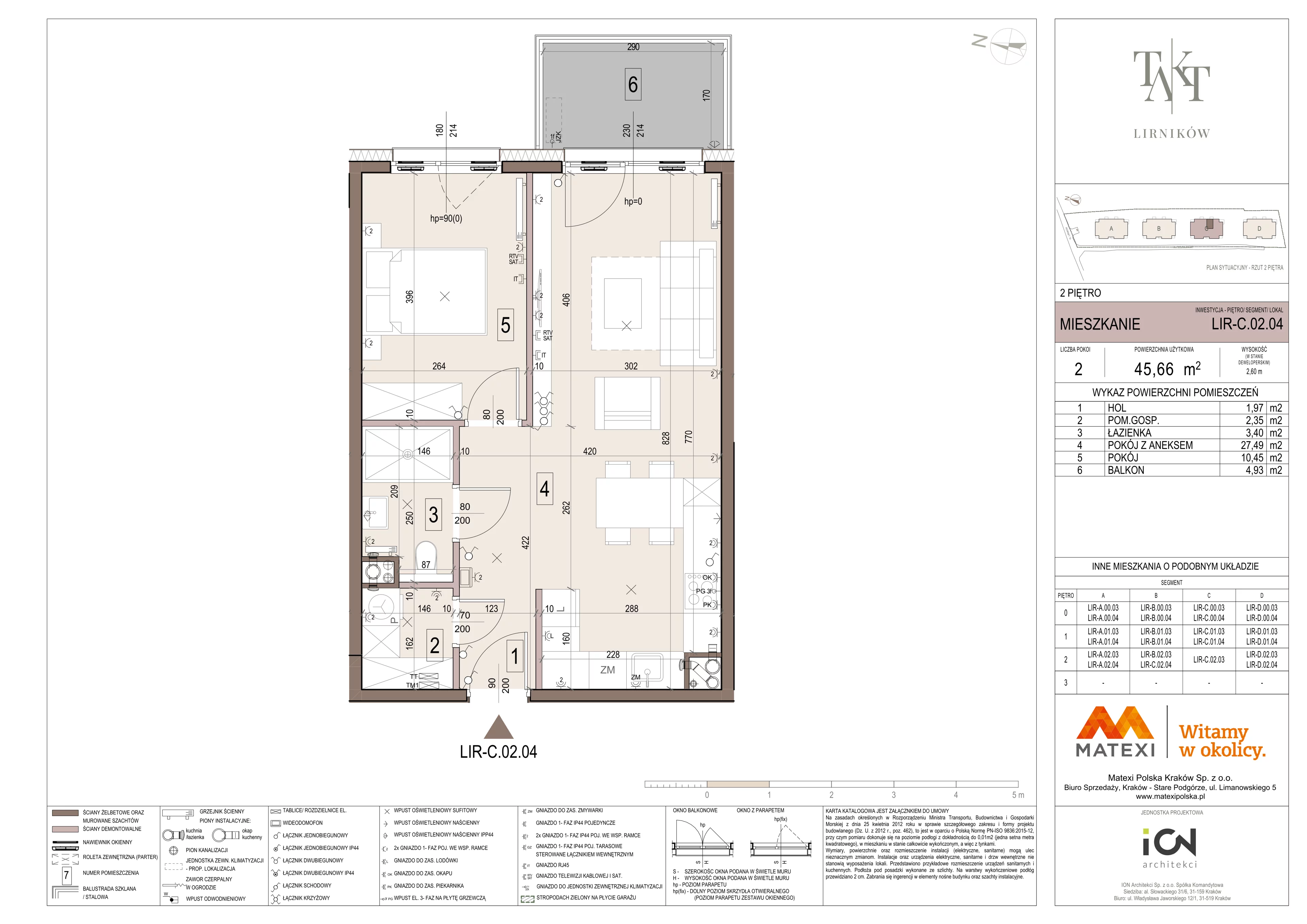 2 pokoje, mieszkanie 45,66 m², piętro 2, oferta nr 7/LIR-C.02.04, Takt Lirników, Kraków, Podgórze Duchackie, Wola Duchacka, ul. Lirników