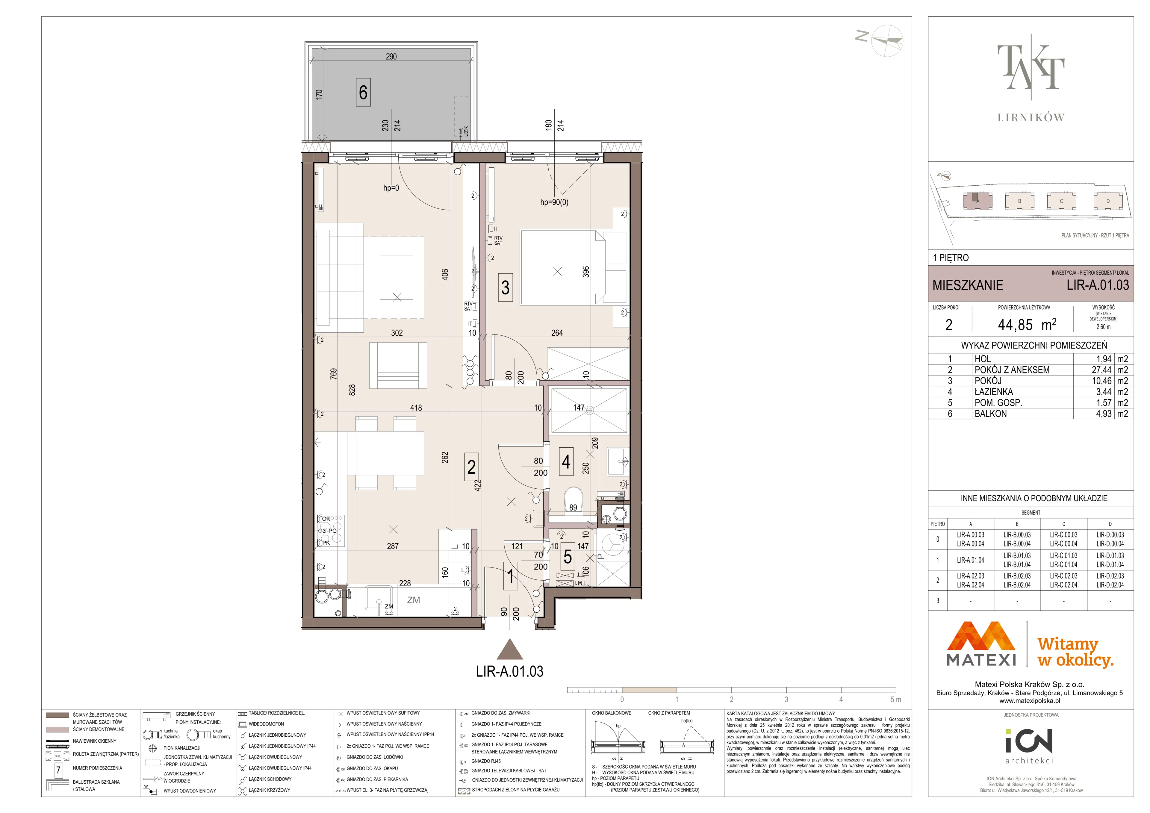 Mieszkanie 44,85 m², piętro 1, oferta nr LIR-A.01.03, Takt Lirników, Kraków, Podgórze Duchackie, Wola Duchacka, ul. Lirników