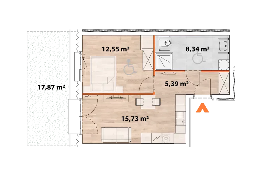 Mieszkanie 42,01 m², parter, oferta nr 43/POR-A.00.01, Apartamenty Portowa, Kraków, Podgórze, Zabłocie, ul. Portowa 43