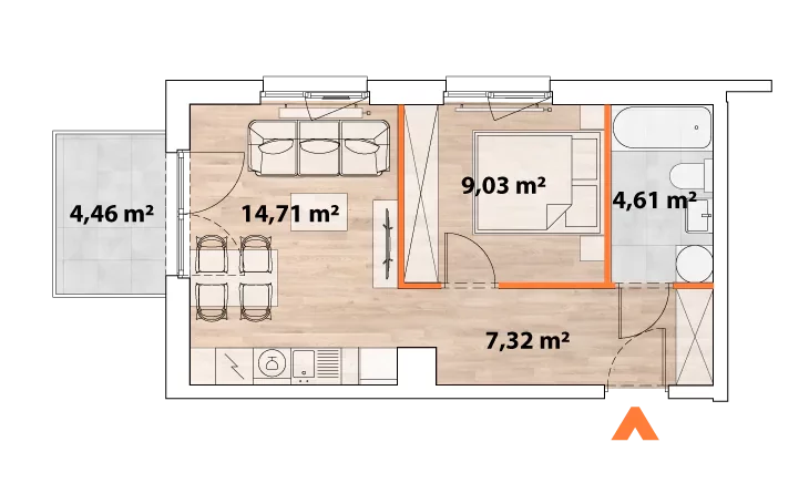 Mieszkanie 35,67 m², piętro 1, oferta nr 43/POR-A.01.01, Apartamenty Portowa, Kraków, Podgórze, Zabłocie, ul. Portowa 43