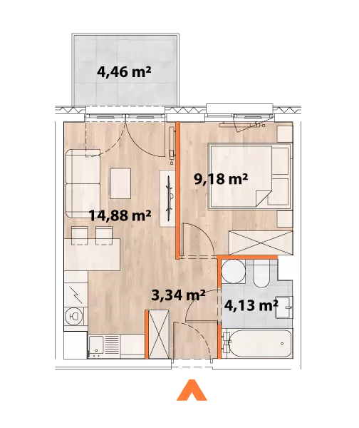 Mieszkanie 31,53 m², piętro 1, oferta nr 43/POR-A.01.02, Apartamenty Portowa, Kraków, Podgórze, Zabłocie, ul. Portowa 43