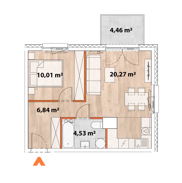 Mieszkanie 41,65 m², piętro 1, oferta nr 43/POR-A.01.04, Apartamenty Portowa, Kraków, Podgórze, Zabłocie, ul. Portowa 43