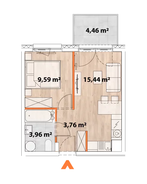 Mieszkanie 32,75 m², piętro 2, oferta nr 43/POR-A.02.03, Apartamenty Portowa, Kraków, Podgórze, Zabłocie, ul. Portowa 43