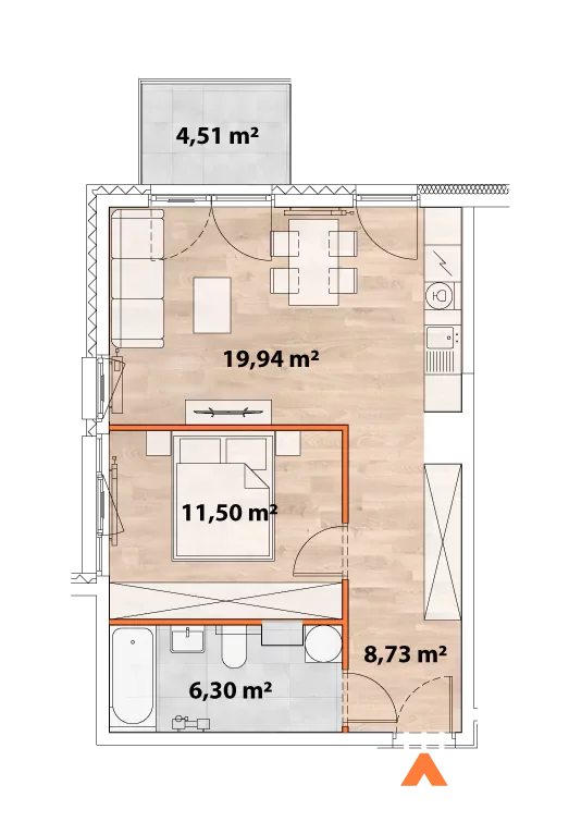 Mieszkanie 46,47 m², piętro 2, oferta nr 43/POR-B.02.03, Apartamenty Portowa, Kraków, Podgórze, Zabłocie, ul. Portowa 43