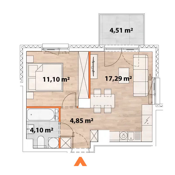 Mieszkanie 37,62 m², piętro 1, oferta nr 43/POR-C.01.02, Apartamenty Portowa, Kraków, Podgórze, Zabłocie, ul. Portowa 43