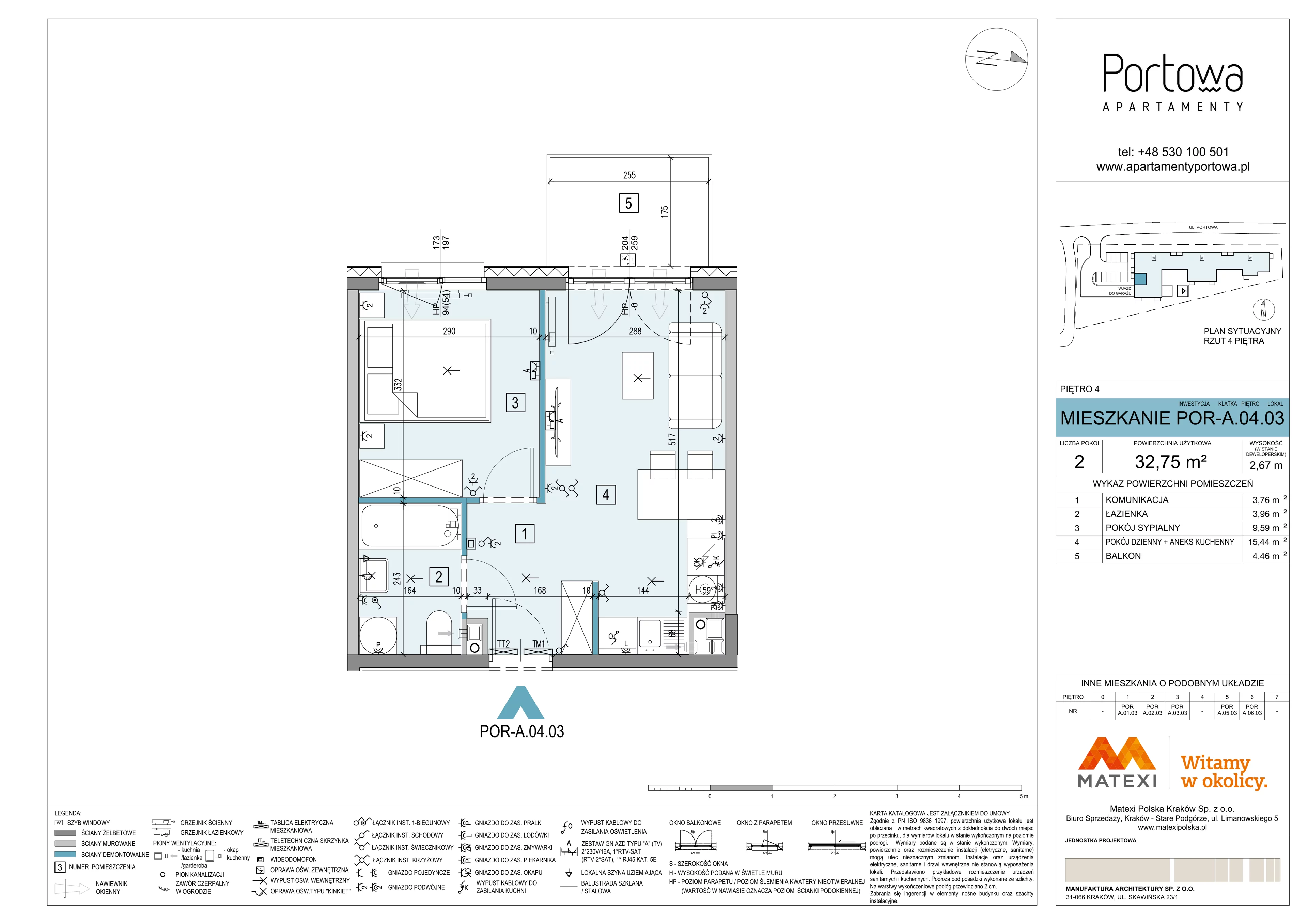 2 pokoje, mieszkanie 32,75 m², piętro 4, oferta nr 43/POR-A.04.03, Apartamenty Portowa, Kraków, Podgórze, Zabłocie, ul. Portowa 43