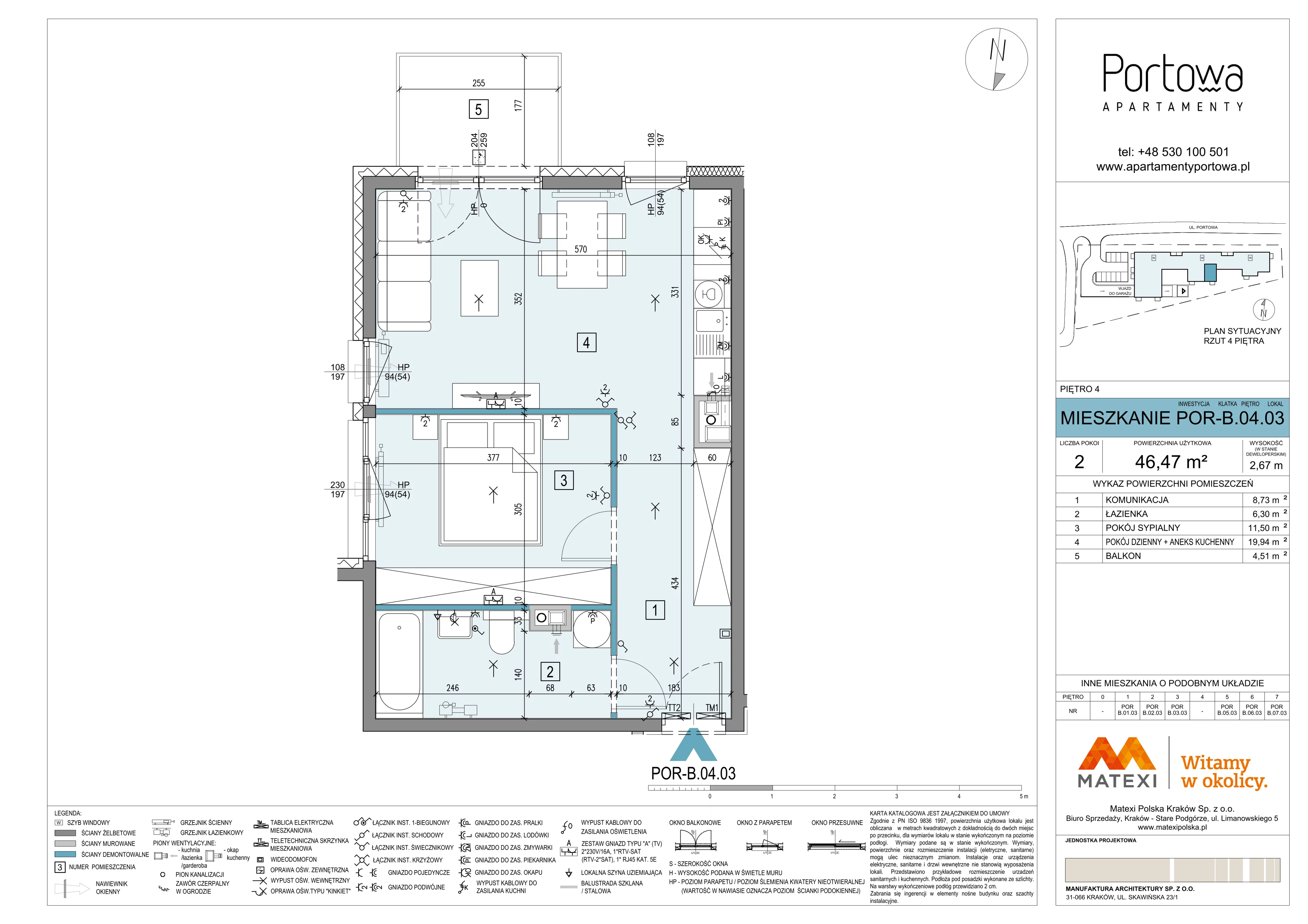 2 pokoje, mieszkanie 46,47 m², piętro 4, oferta nr 43/POR-B.04.03, Apartamenty Portowa, Kraków, Podgórze, Zabłocie, ul. Portowa 43