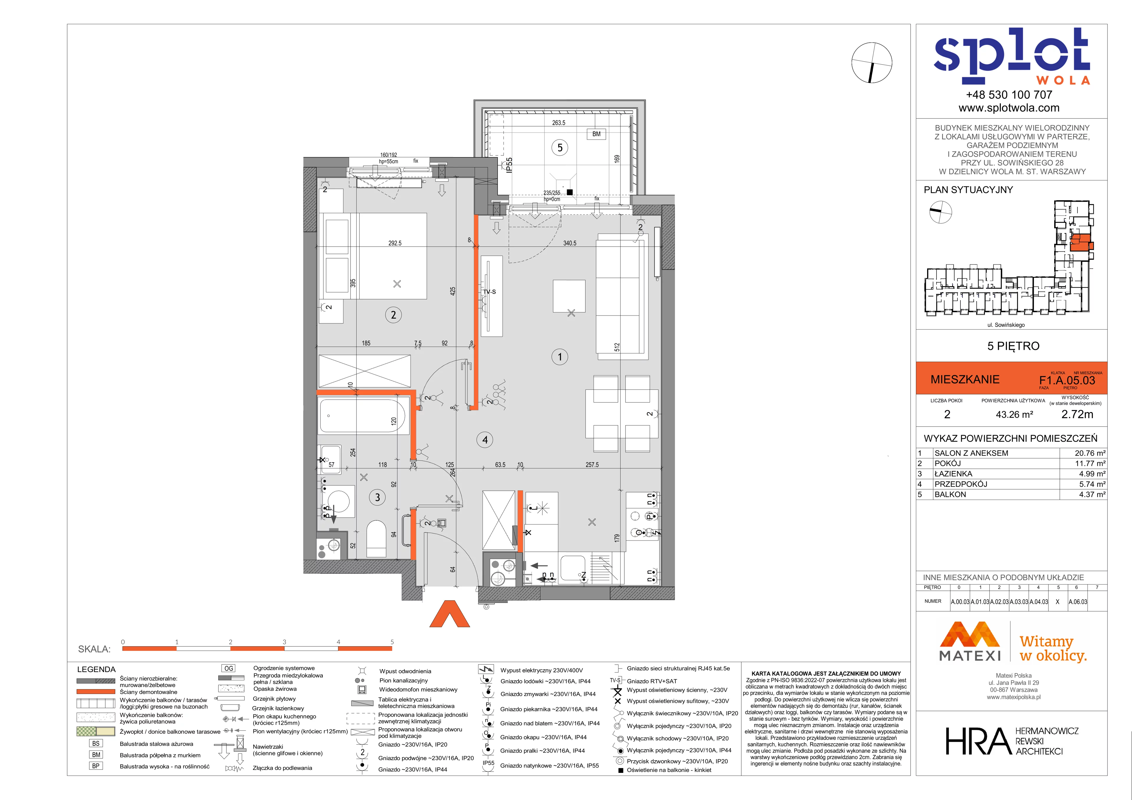 2 pokoje, mieszkanie 43,26 m², piętro 5, oferta nr 28/SOW-F1.A.05.03, Splot Wola, Warszawa, Wola, Odolany, ul. Sowińskiego 28