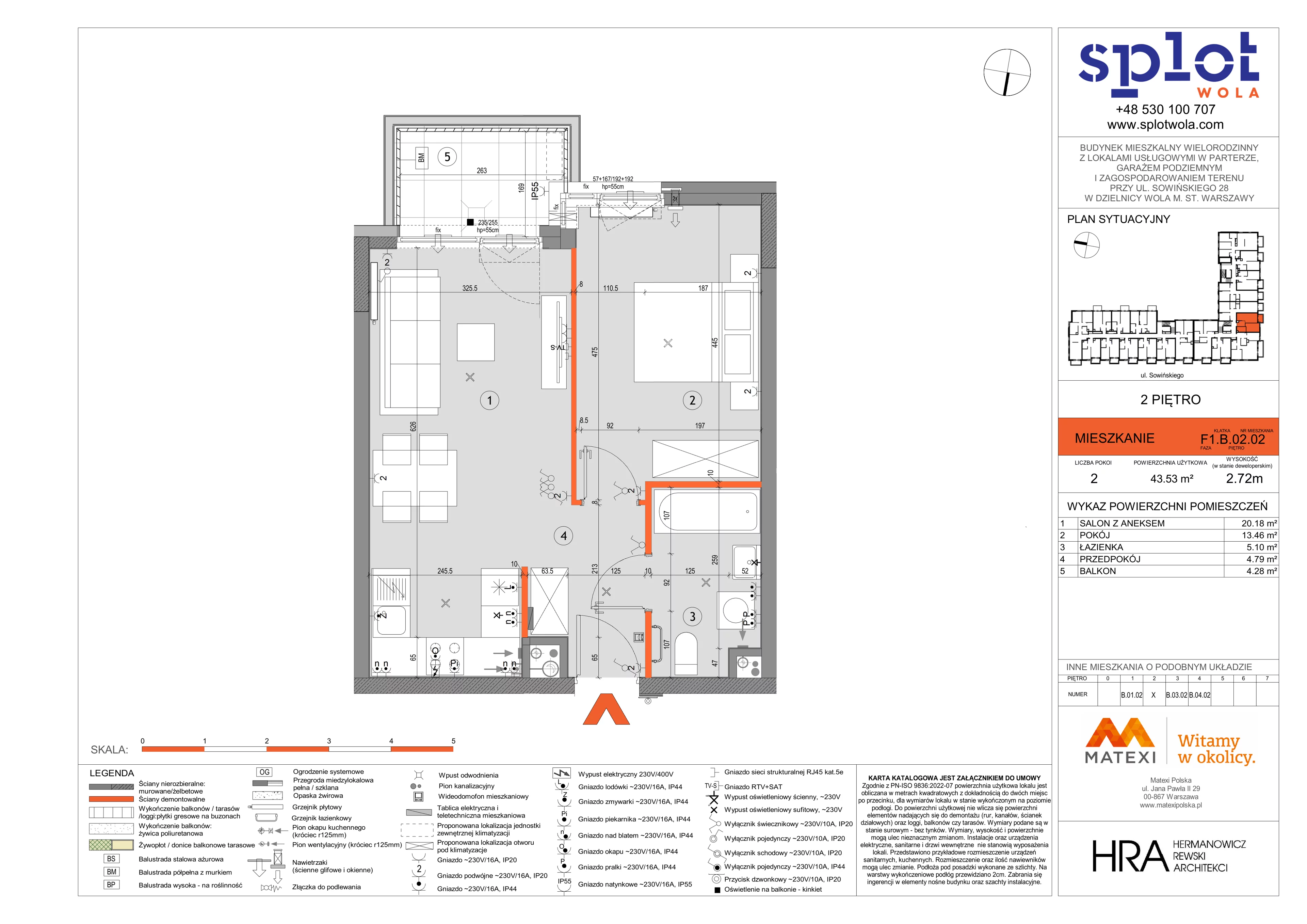 2 pokoje, mieszkanie 43,53 m², piętro 2, oferta nr 28/SOW-F1.B.02.02, Splot Wola, Warszawa, Wola, Odolany, ul. Sowińskiego 28