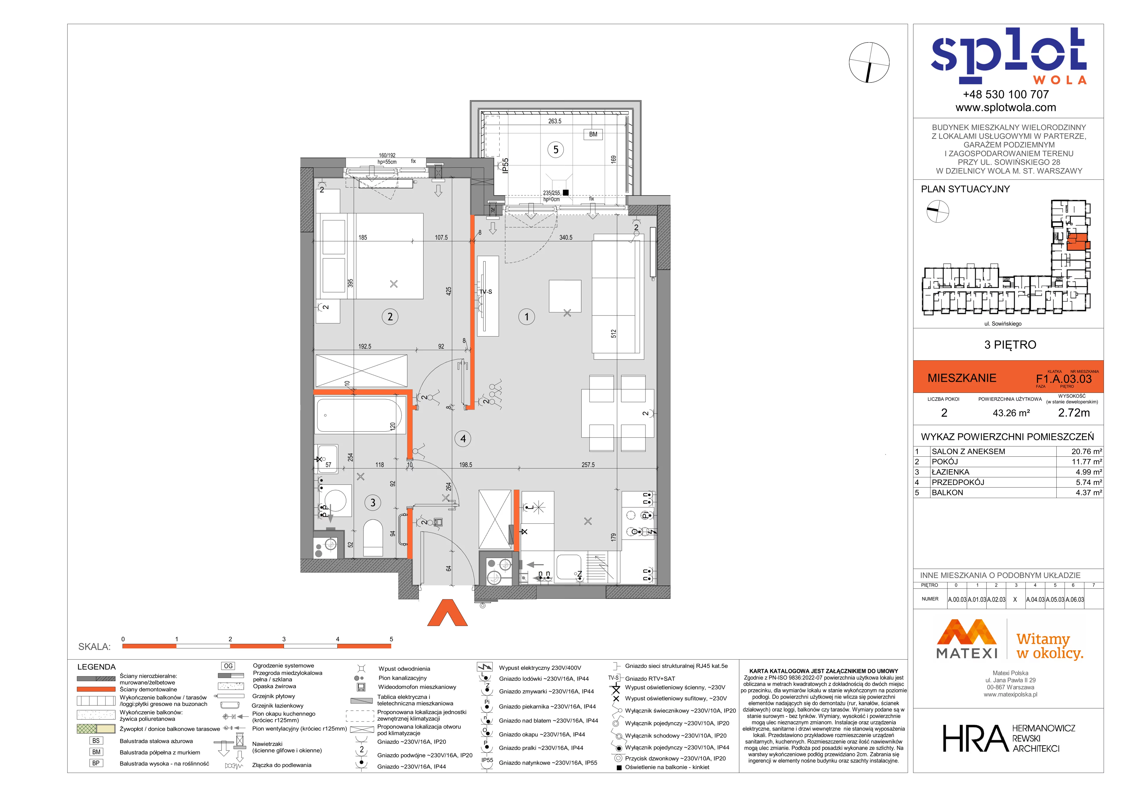 2 pokoje, mieszkanie 43,26 m², piętro 3, oferta nr 28/SOW-F1.A.03.03, Splot Wola, Warszawa, Wola, Odolany, ul. Sowińskiego 28
