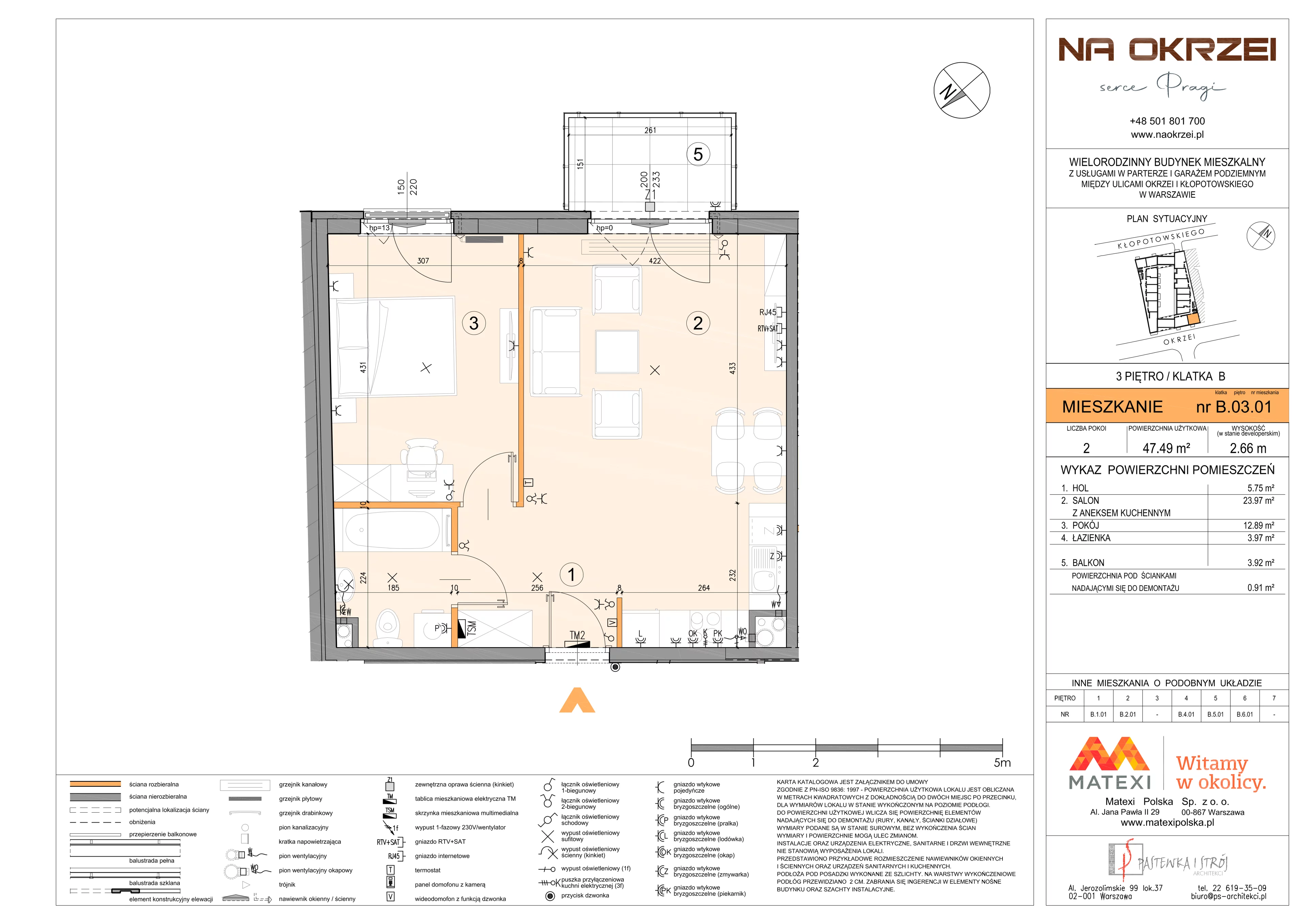 2 pokoje, mieszkanie 47,49 m², piętro 3, oferta nr 27/Okr-B.03.01, Na Okrzei, Warszawa, Praga Północ, Stara Praga, ul. Stefana Okrzei