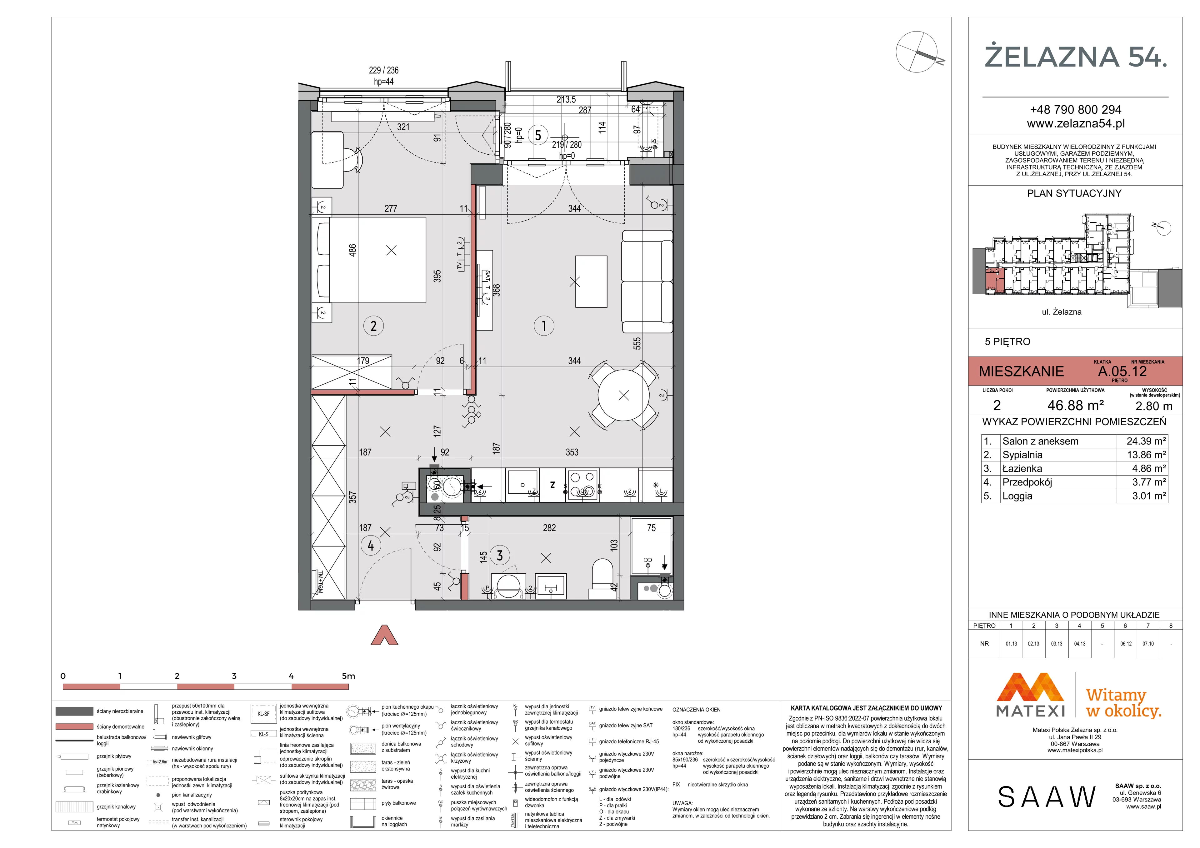 2 pokoje, mieszkanie 46,88 m², piętro 5, oferta nr 54/Z54-A.05.12, Żelazna 54, Warszawa, Wola, Mirów, ul. Żelazna 54
