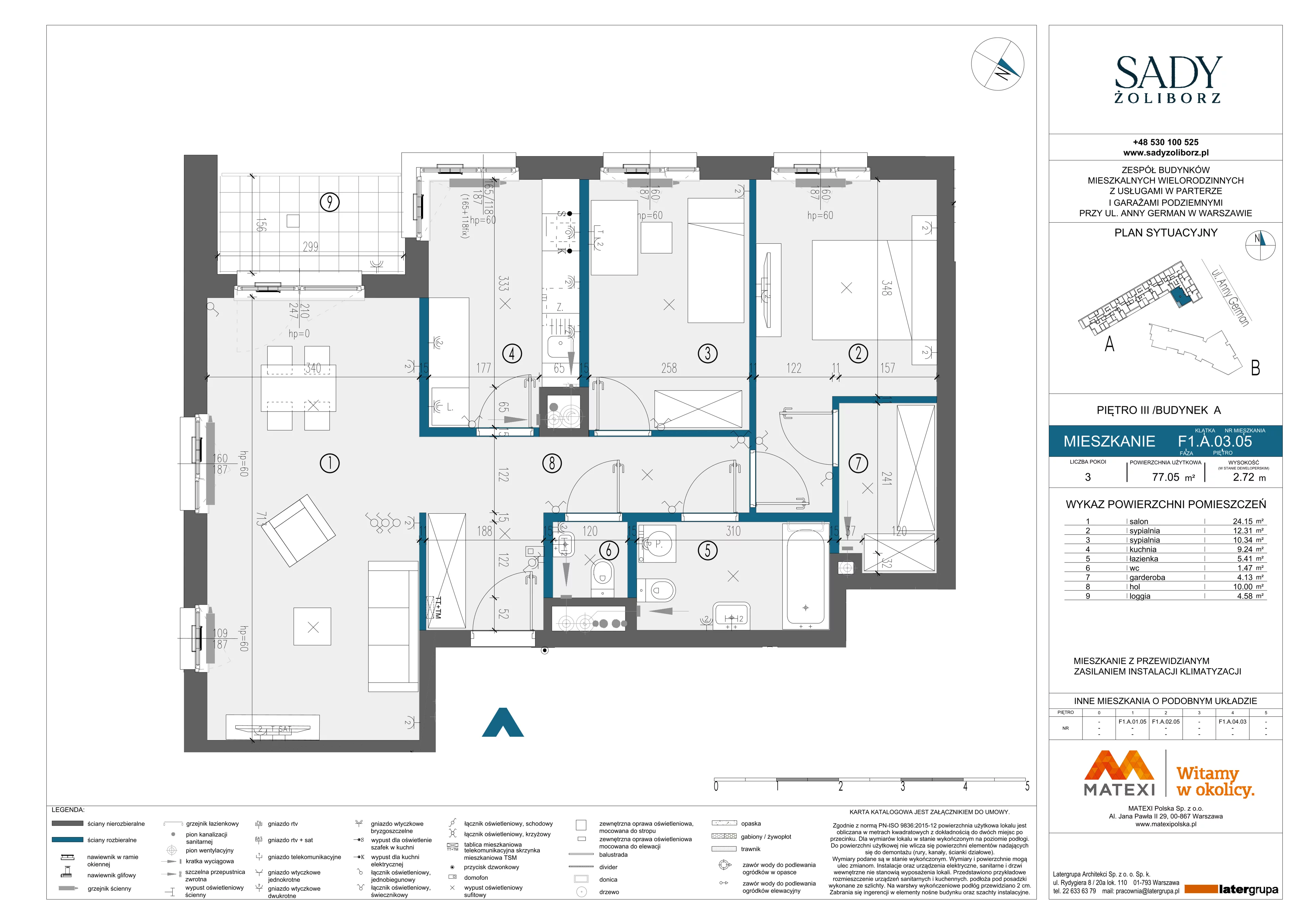3 pokoje, mieszkanie 77,05 m², piętro 3, oferta nr 9/SZ-F1.A.03.05, Sady Żoliborz, Warszawa, Żoliborz, Sady Żoliborskie, ul. Anny German 15